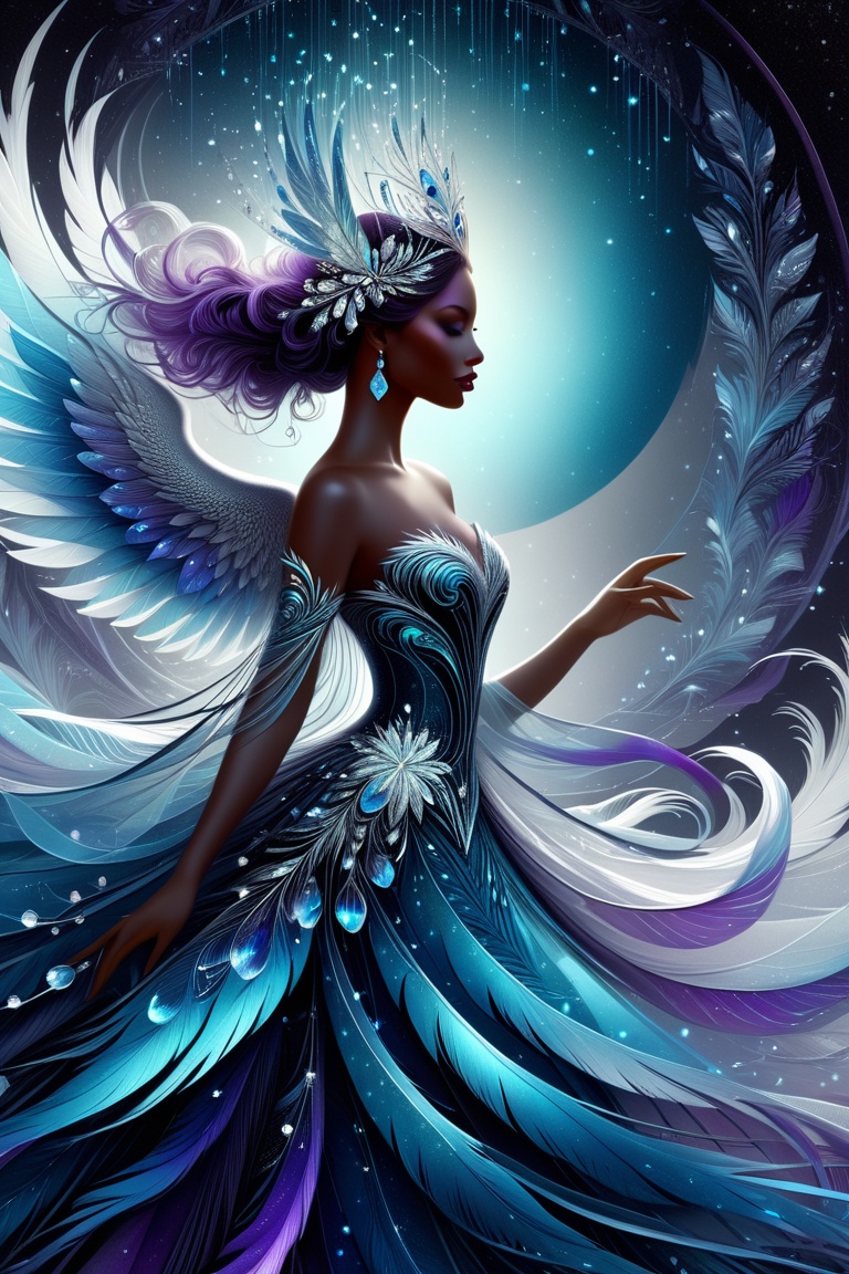 The abstract silhouette of a beautiful ice phoenix
art by kajenna, 
background black blue,
wearing a long feathertrain composed of ice fractals and a hind of tiny earlyflowerbuds, glittering ice,
pearly blue, silver, black, purple, white,,
iridescent, pearlescent, bioluminescent,
with a glitter effect, 
intricate and delicate 5D details, 
lots of contrast and high quality HD, 
well drawn, radial design perfect composition,  fantasycore art by Android Jones, Gil Elvgren, Carne Griffiths, Victo Ngai, Amanda Clark,
perfect design,
Photorealistic hands, photorealistic face
Decora_SWstyle,d1p5comp_style
