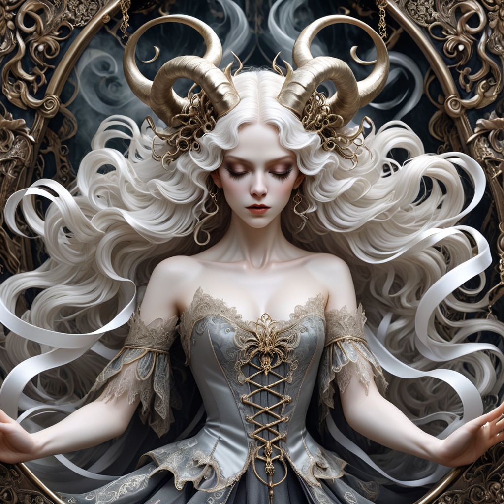 Heavenlydaemonic albino demon girl with lethargic sleepy smokey eyes, white curls, (long intricate horns), ornate metal, tapestry backdrop, flowing ribbons,  best quality, highest quality, extremely detailed, (flowing movement in d1p5comp_style),d1p5comp_style