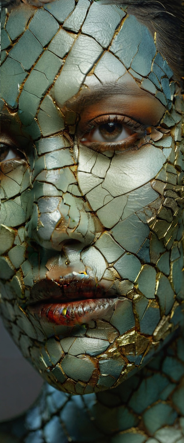 Highly detailed and hyper-realistic photo portrait ofa beautiful woman from another world with pale iron skin,  broken,  s...