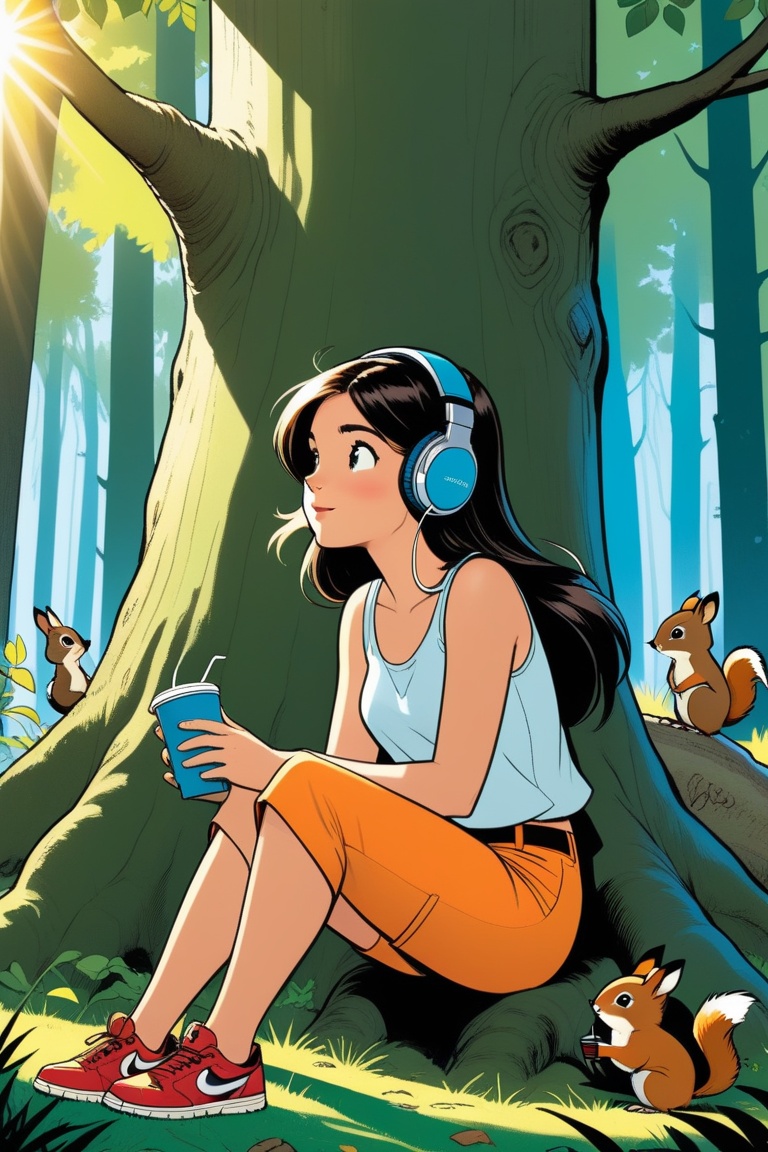 Girl is listening to music on headphones,  18 year old cute girl,  sitting under a big tree in the forest on Tensor.Art