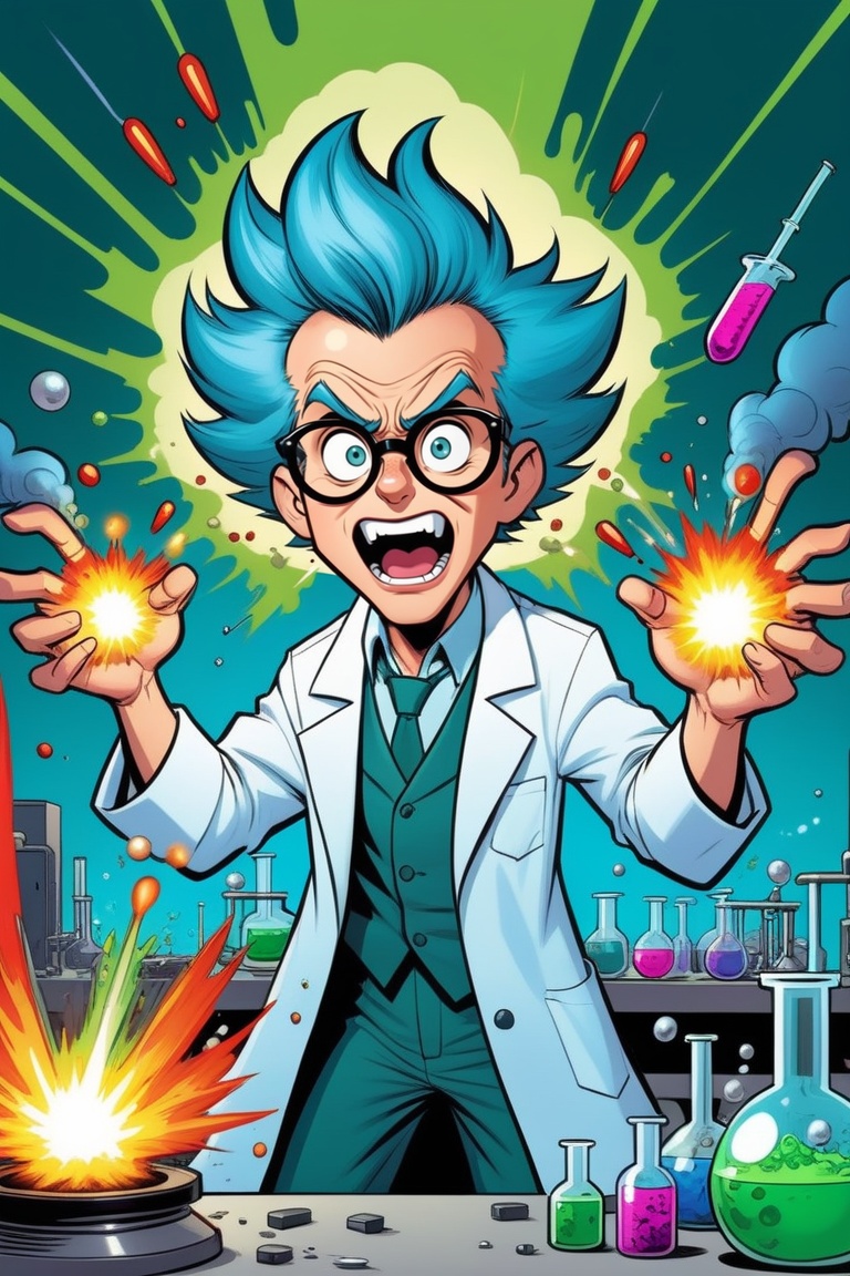 cartoonish style,  a mad scientist making explosive experiences in a laboratory,  highly detailed on Tensor.Art