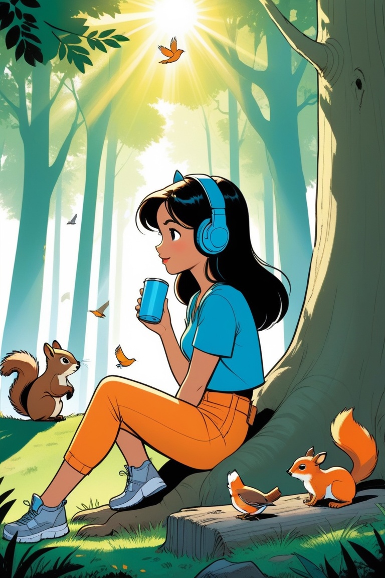 Girl is listening to music on headphones,  18 year old cute girl,  sitting under a big tree in the forest on Tensor.Art