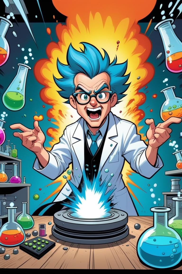 cartoonish style,  a mad scientist making explosive experiences in a laboratory,  highly detailed on Tensor.Art