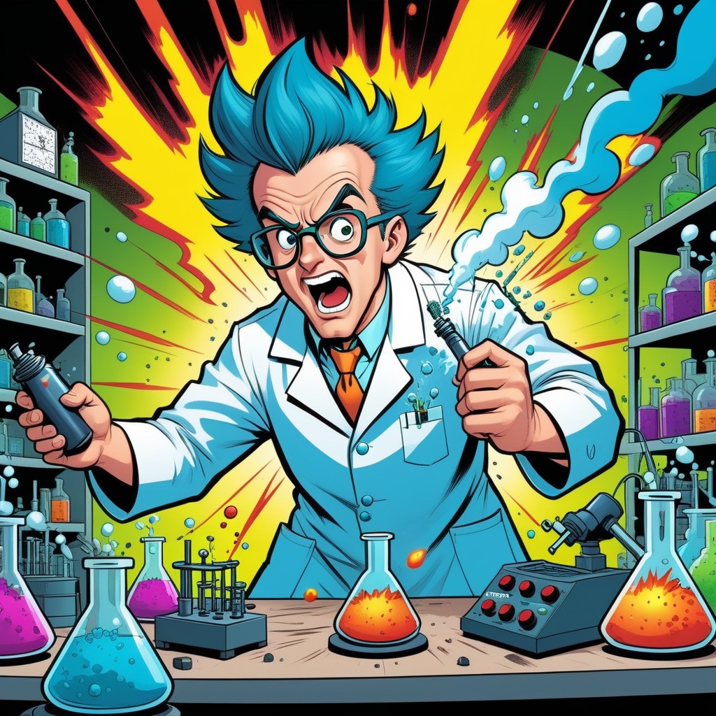 cartoonish style,  a mad scientist making explosive experiences in a laboratory,  highly detailed on Tensor.Art