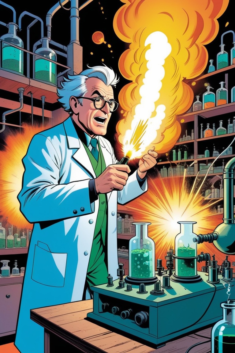 an old mad scientist making explosive experiences in a laboratory,  modern comic book illustration,  graphic illustration...