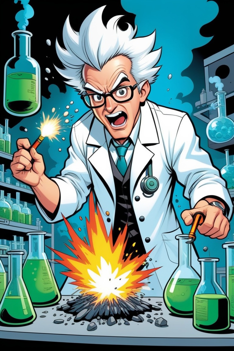cartoonish style,  a mad scientist making explosive experiences in a laboratory,  highly detailed on Tensor.Art