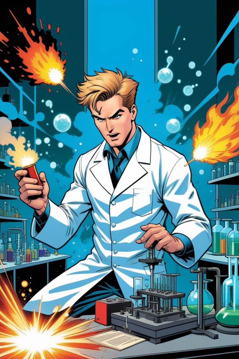 a mad scientist making explosive experiences in a laboratory,  modern comic book illustration,  graphic illustration on Te...