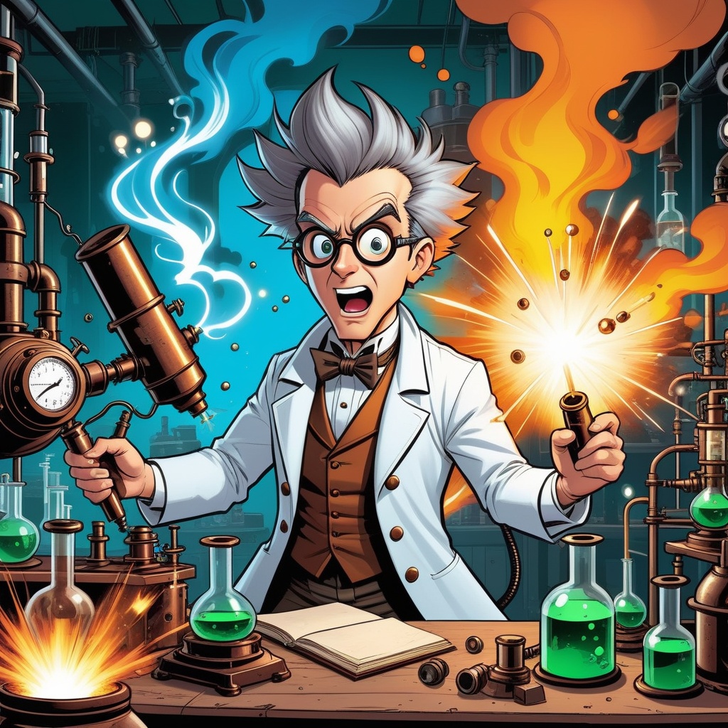 cartoonish style,  a mad scientist making explosive experiences in a laboratory,  steampunk on Tensor.Art