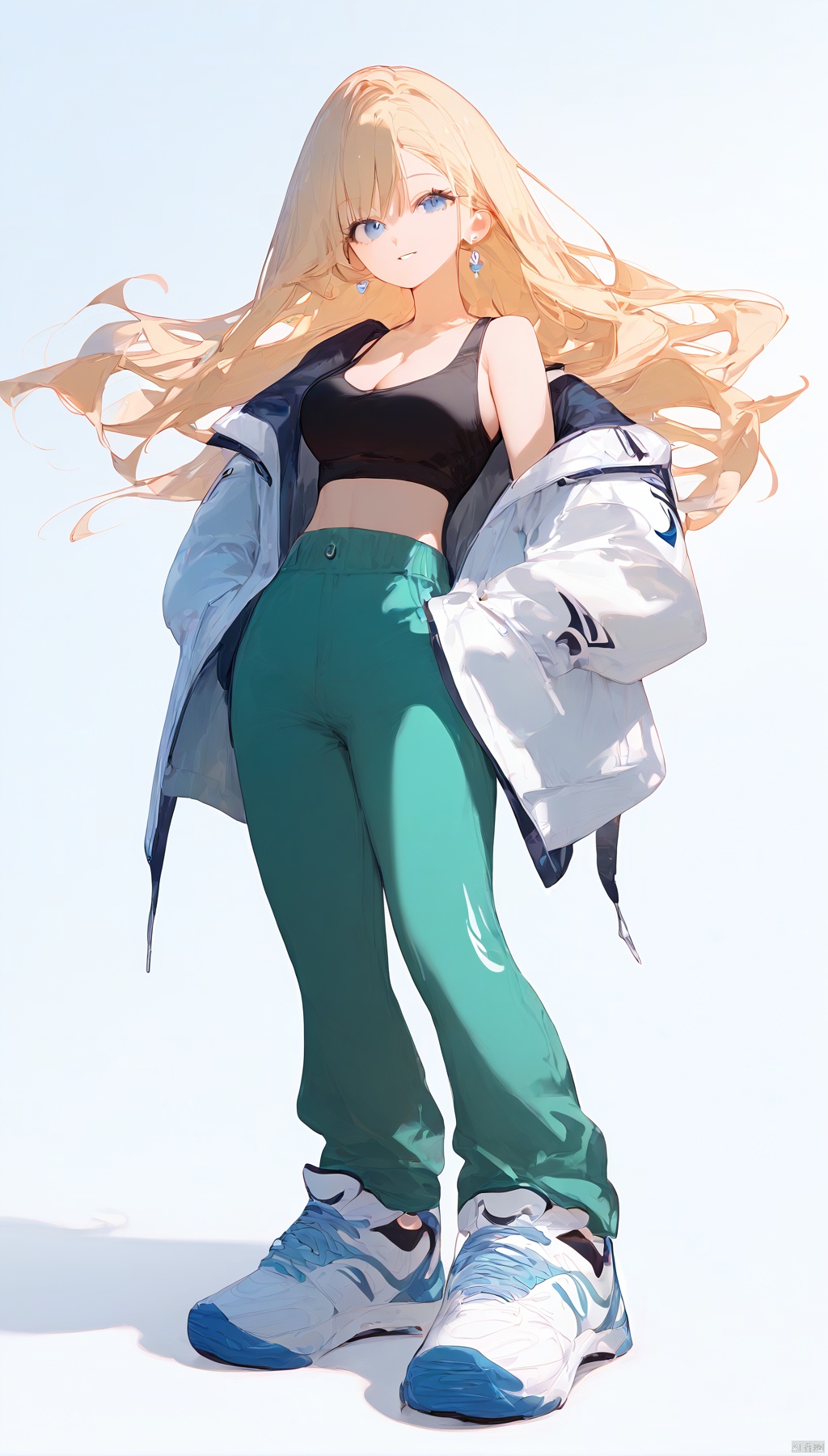  (score_9_up,score_8_up),(best quality), ((masterpiece)), (highres), illustration, original, extremely detailed . ooo, 1girl, solo, long hair, breasts, white background, full body, simple background, blonde hair, sneakers, pants, shoes, blue eyes, looking at viewer, navel, white footwear, jewelry, earrings, crop top, off shoulder, midriff, jacket, hands in pockets, bare shoulders, green pants, smile, standing, cleavage, parted lips, open clothes, **** top, medium breasts, collarbone, open jacket, floating hair, nike, white jacket
