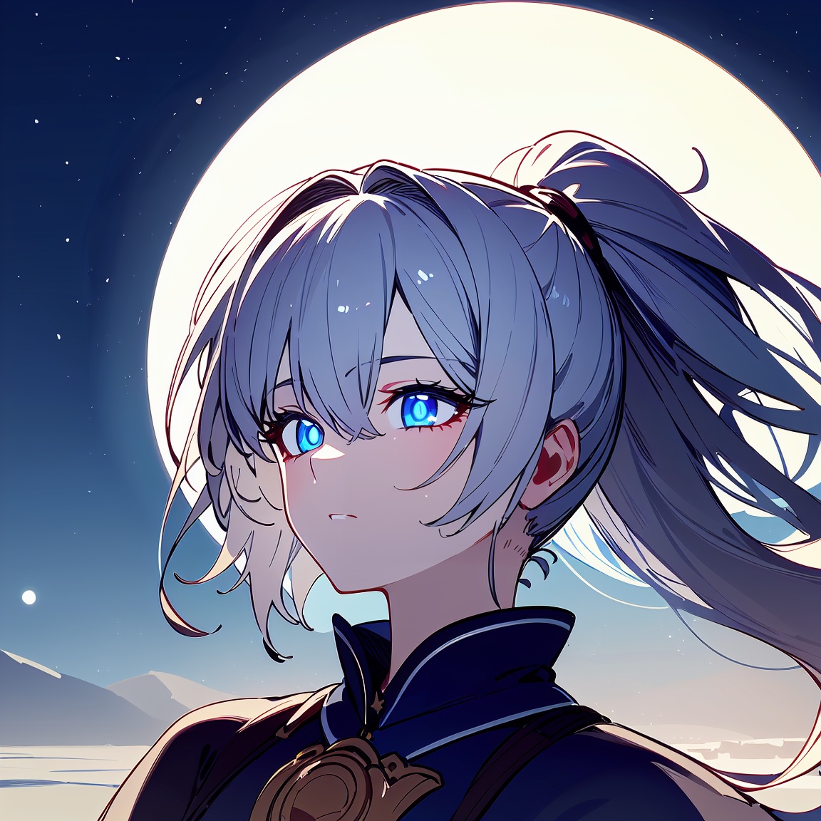 (((masterpiece))),(((best quality))),((ultra-detailed)),(illustration),((an extremely delicate and beautiful)),cinematic angle,floating,(beautiful detailed eyes),(detailed light),cinematic lighting,beautifully detailed sky,(1girl),white hair,blue eyes,(high ponytail),cloak,glowing eyes,((moon)),(moonlight),starry sky,(lighting particle),fog,snow,(painting),(sketch),(bloom),, masterpiece, best quality, masterpiece, best quality