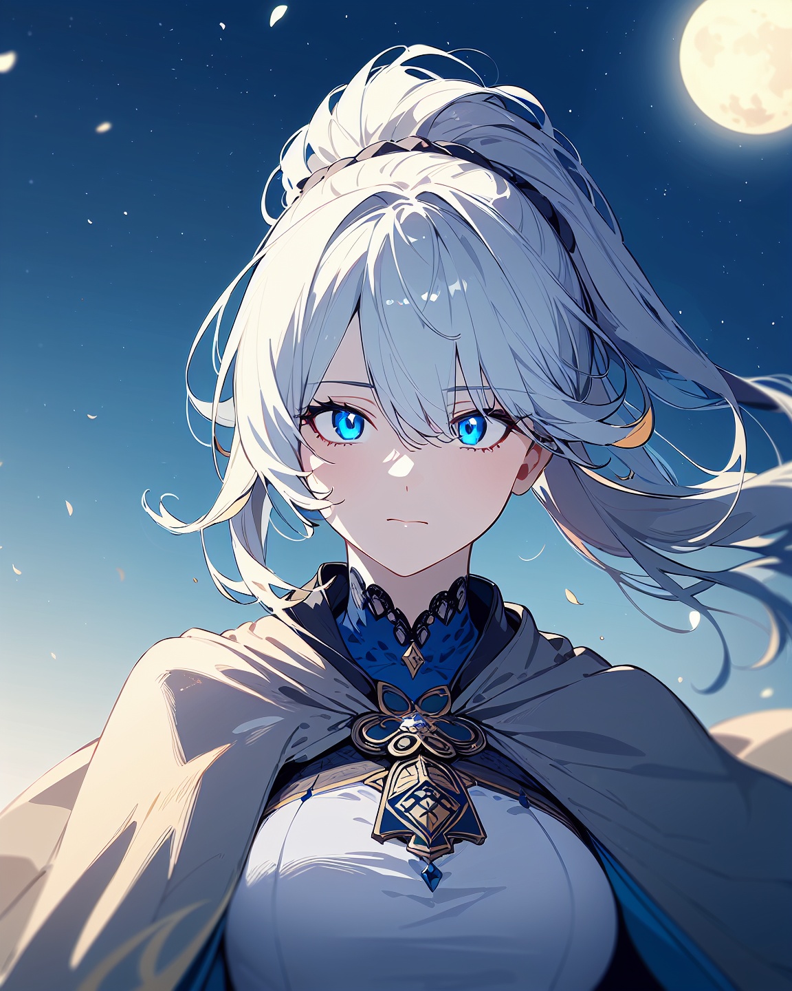 (((masterpiece))),(((best quality))),((ultra-detailed)),(illustration),((an extremely delicate and beautiful)),cinematic angle,floating,(beautiful detailed eyes),(detailed light),cinematic lighting,beautifully detailed sky,(1girl),white hair,blue eyes,(high ponytail),cloak,glowing eyes,((moon)),(moonlight),starry sky,(lighting particle),fog,snow,(painting),(sketch),(bloom),, masterpiece, best quality