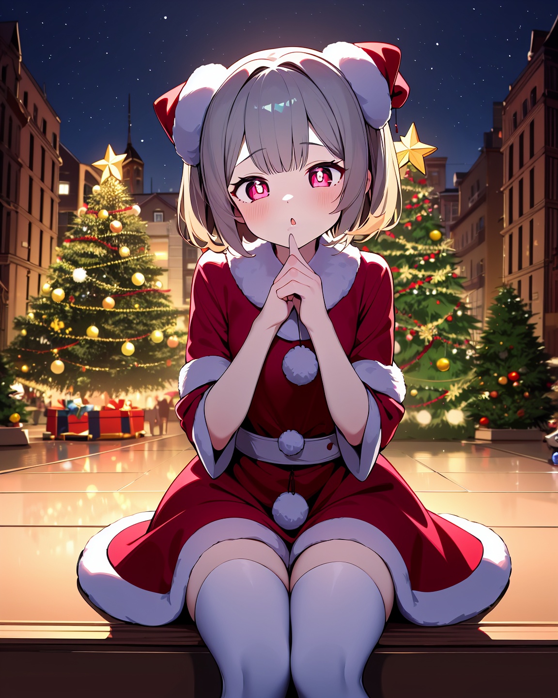 absurdres,masterpiece,best quality,1girl,solo+Look at the audience,demon  horns,short hair,two-tone hair,symbol shaped pupils,petite,shushing,santa_costume,white_thighhighs+Christmas Tree + Christmas,Night,, masterpiece, best quality, masterpiece, best quality