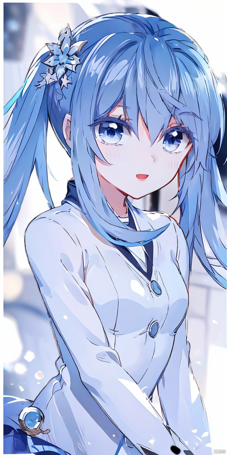 1girl, solo, long hair, looking at viewer, smile, open mouth, blue eyes, hair ornament, twintails, blue hair, Uniforms, short skirt,, perfect figure,