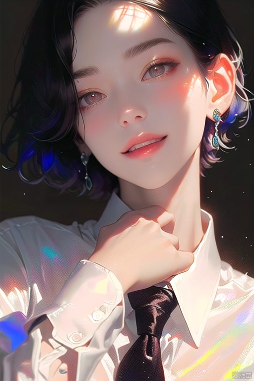 xingganOR\(ip\), solo, 1girl, shirt, collared shirt, short hair, necktie, parted lips, black necktie, white shirt, earrings, jewelry, portrait, looking at viewer


 smile,anatomically correct,hand,
