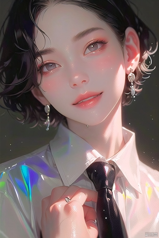 xingganOR\(ip\), solo, 1girl, shirt, collared shirt, short hair, necktie, parted lips, black necktie, white shirt, earrings, jewelry, portrait, looking at viewer


 smile,anatomically correct,hand,