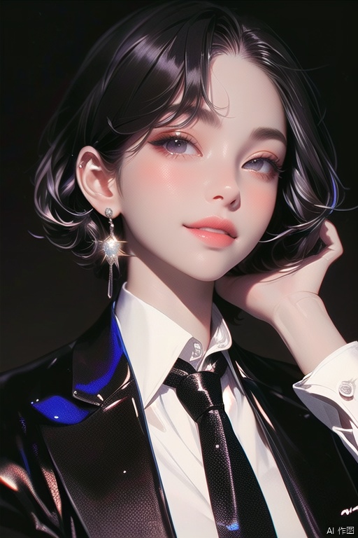 xingganOR\(ip\), solo, 1girl, shirt, Black coat, black tie, white base shirt,collared shirt, short hair, necktie, parted lips, black necktie, white shirt, earrings, jewelry, portrait, looking at viewer


 smile,anatomically correct,hand,