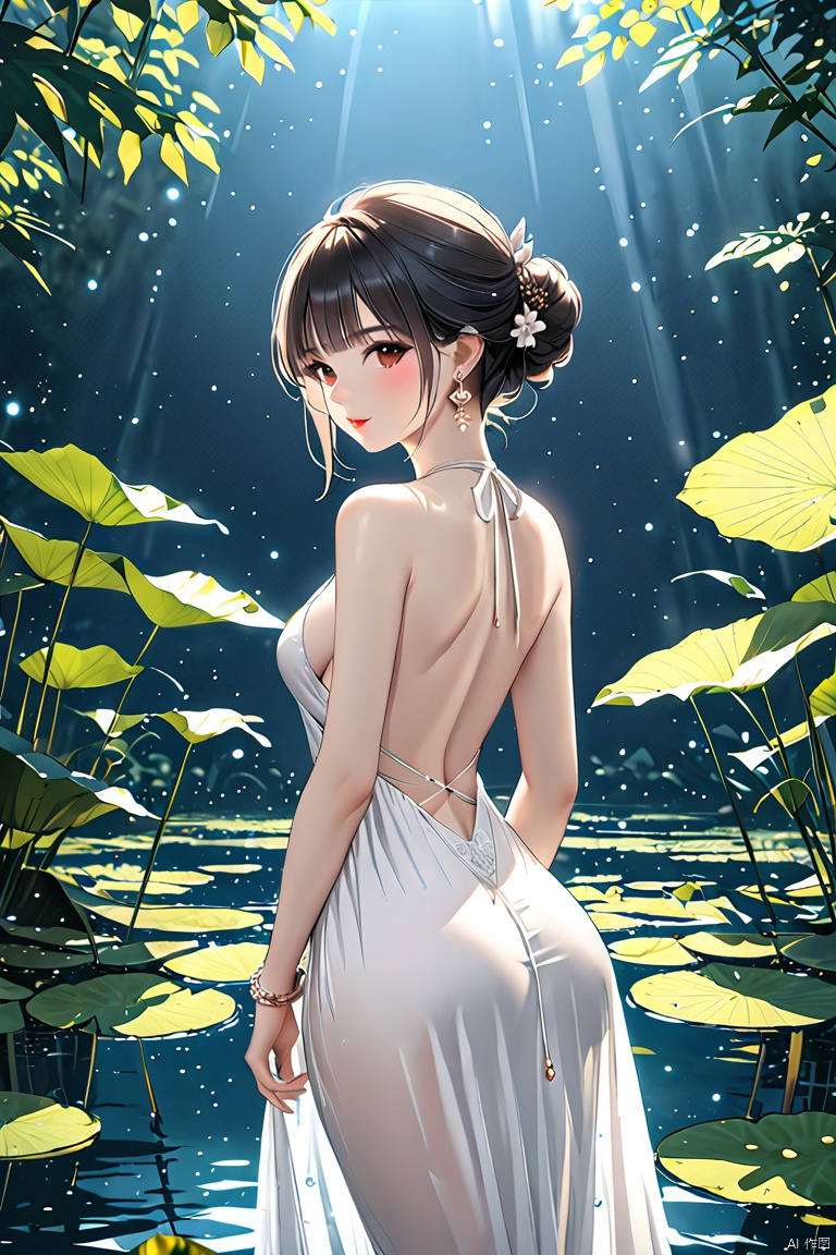 masterpiece, official art, extremely detailed cg unity 8k wallpaper, highly detailed, absurdres, 8k resolution,
1girl, lily pad, solo, jewelry, earrings, breasts, backless outfit, water, flower, bracelet, looking at viewer, lotus, black hair, backless dress, hair bun, bare shoulders, looking back, from behind, standing, long dress, single hair bun, lips, back, updo, medium breasts, hair ornament, light particles, halterneck, black dress, sleeveless, white dress, short hair, red lips, bare back, leaf, plant, ass, sleeveless dress, closed mouth
,depth of field, panorama, cinematic lighting, ray tracing, best quality
 