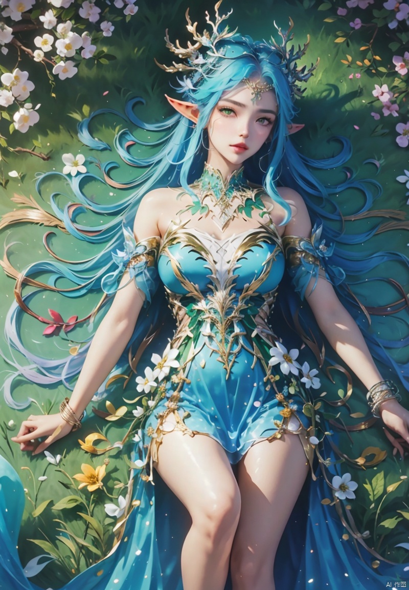 1girl, solo, long hair, looking at viewer, hair ornament, dress, bare shoulders, sitting, green eyes, blue hair, flower, pointy ears, green dress, anklet