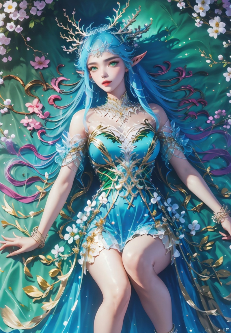 1girl, solo, long hair, looking at viewer, hair ornament, dress, bare shoulders, sitting, green eyes, blue hair, flower, pointy ears, green dress, anklet