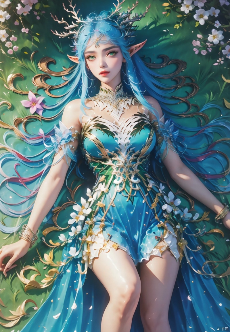 1girl, solo, long hair, looking at viewer, hair ornament, dress, bare shoulders, sitting, green eyes, blue hair, flower, pointy ears, green dress, anklet