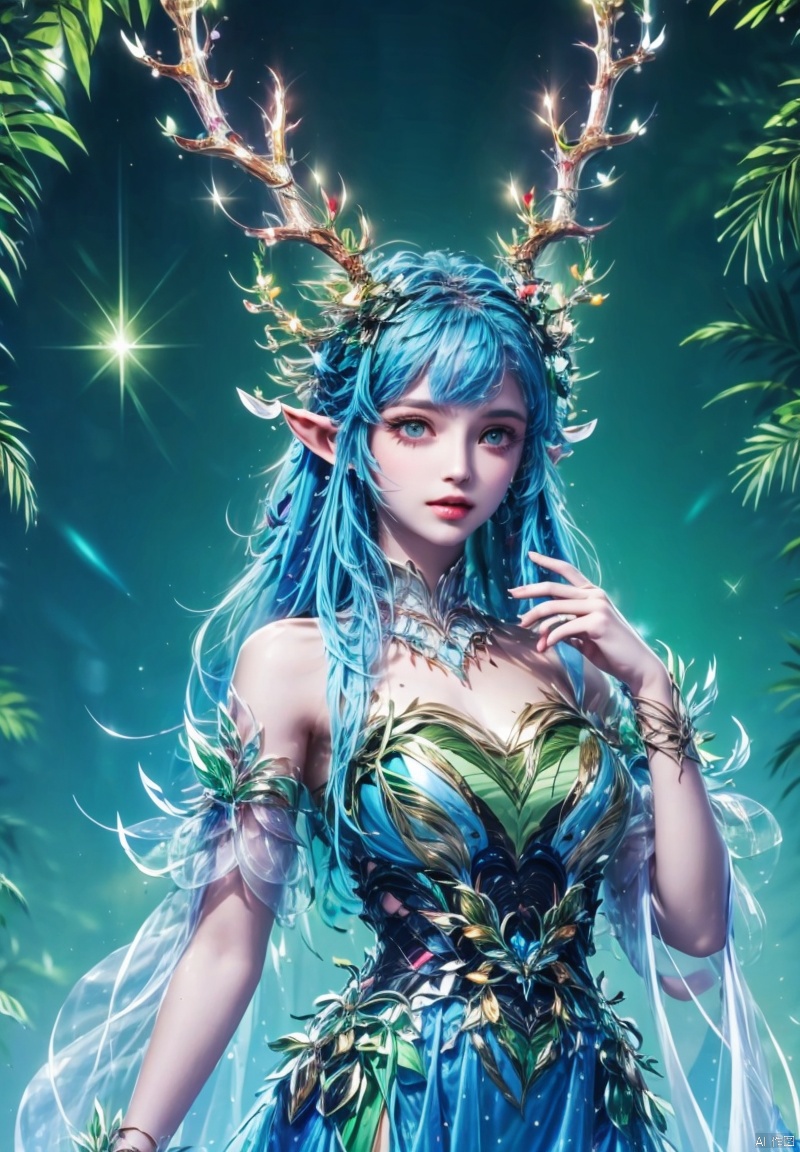 1girl, solo, long hair, hair ornament, dress, bare shoulders, green eyes, blue hair, upper body, horns, pointy ears, antlers