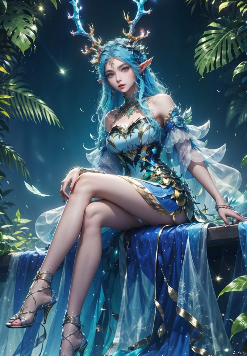 1girl, solo, long hair, hair ornament, dress, bare shoulders, jewelry, sitting, green eyes, blue hair, pointy ears, high heels, blue dress, crossed legs, antlers