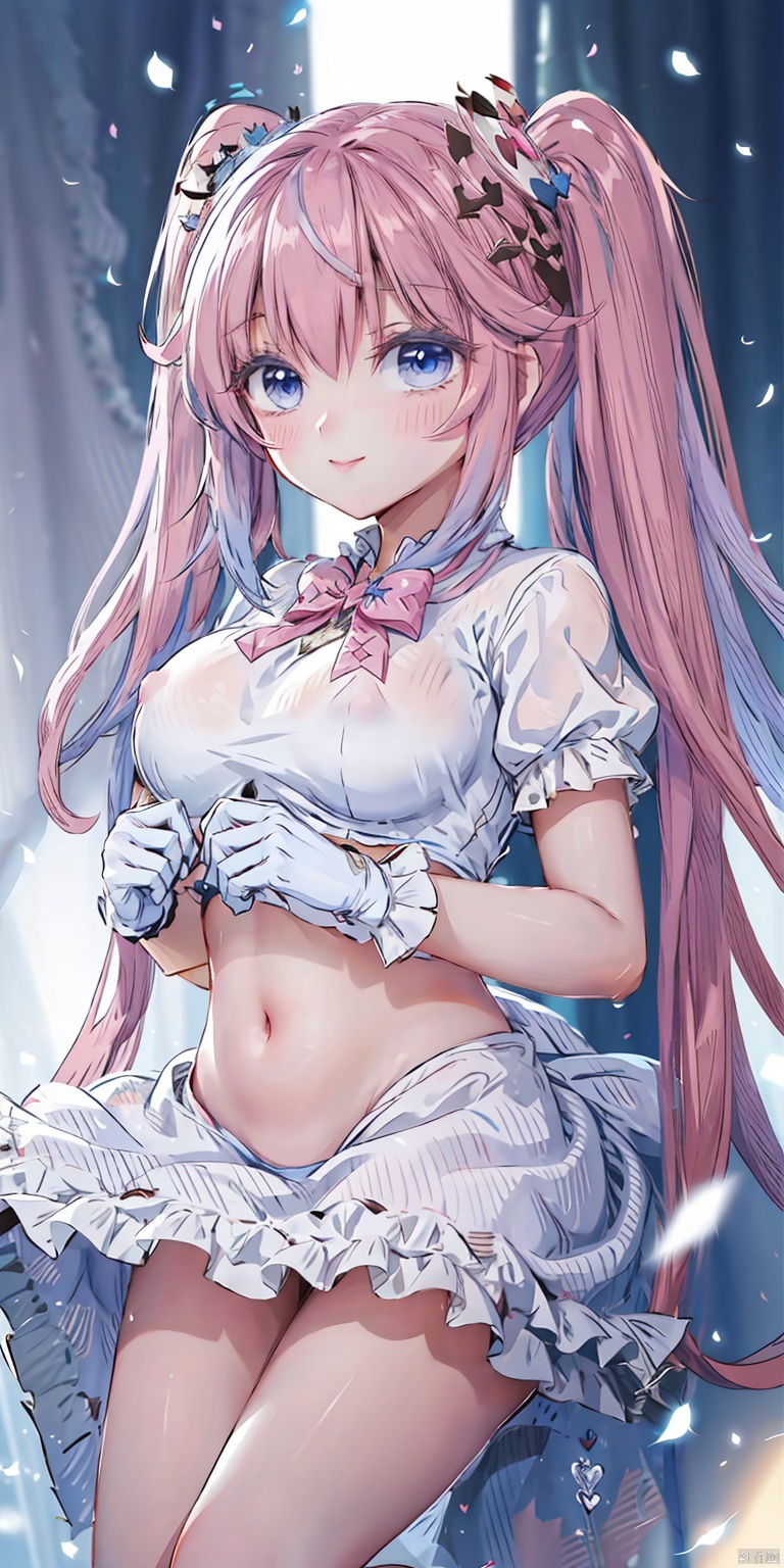  1girl, solo, long hair, breasts, looking at viewer, blush, smile, bangs, blue eyes, large breasts, gloves, dress, bow, ribbon, navel, twintails, nipples, pink hair, flower, blue hair, hair bow, heart, multicolored hair, food, clothes lift, two-tone hair, mouth hold, drill hair, lifted by self, twin drills, dress lift, chocolate, valentine, food on body, chocolate on body, chocolate on breasts