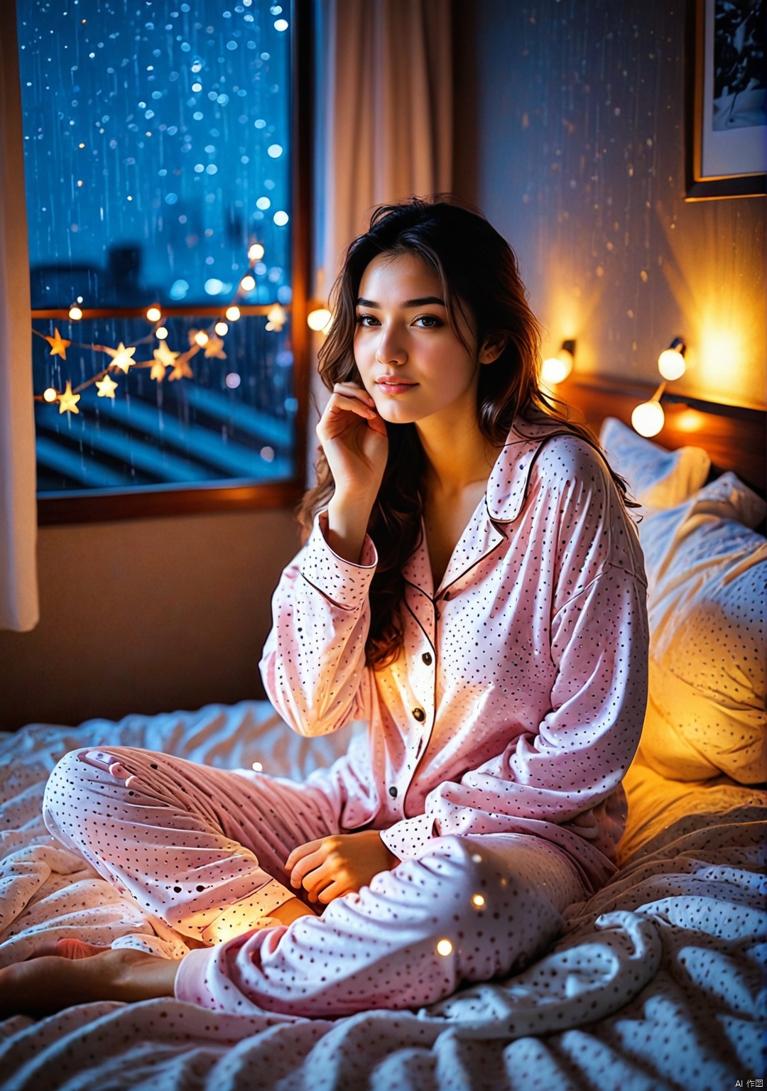  Rainy day, night, A girl, Wear cute pajamas, Lying in bed., Quiet nights, Lovely bedroom style, Warm, Star lights, Film texture, Like a picture.