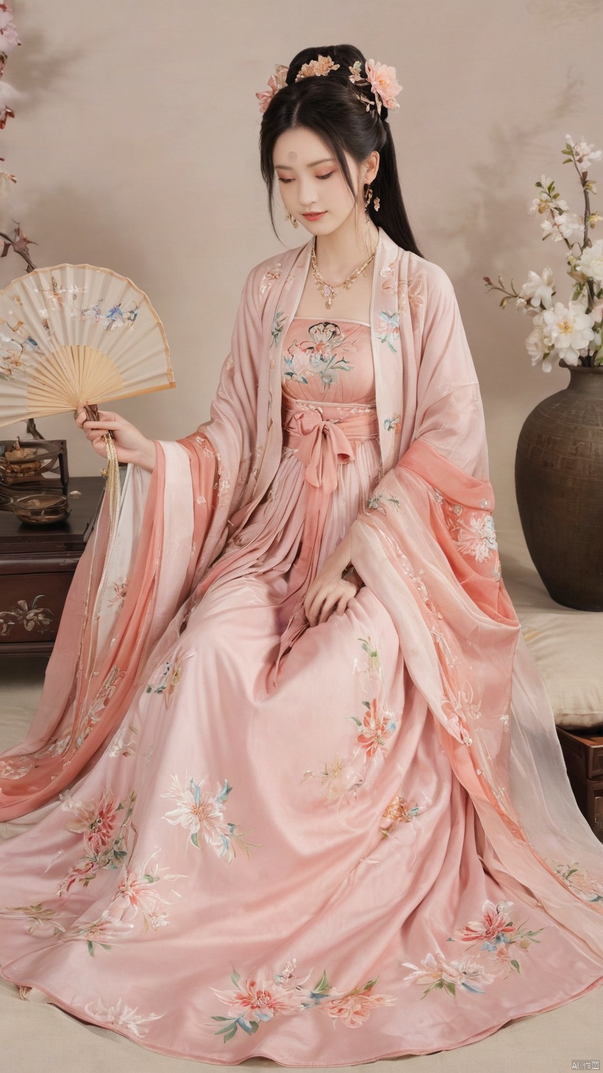  1girl, solo, long hair, black hair,Hairpins,necklace, hair ornament, long dress, full body, flower, earrings, indoors, hair bun, hanfu dress,(Tube top Hanfu long skirt:1.1),(Hand holding fan:1.2), pillow, bed, night, chinese clothes, table, branch,daxiushan, ,daxiushan style,(huge breasts:1.7), (full breasts), realistic,hanfu, daxiushan,Shoulders are exposed,daxiushan, arien_hanfu