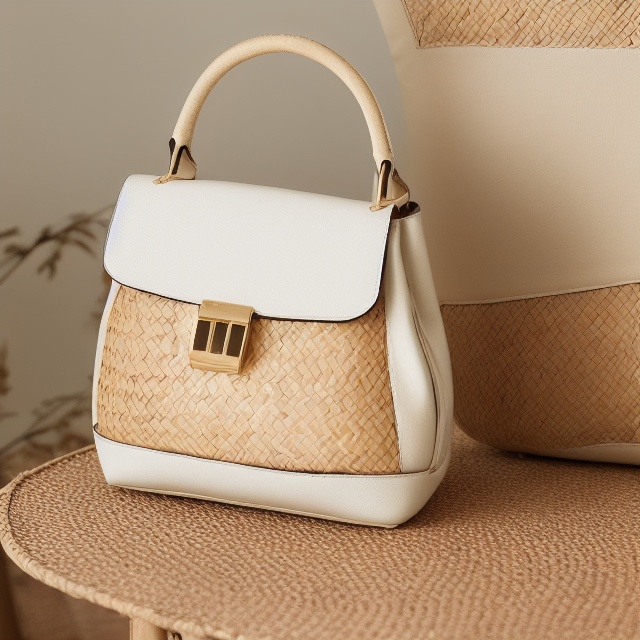 a chic cream-colored bag adorned with lincao and accented by rich brown leather. The bag rests gracefully on a pristine wh...