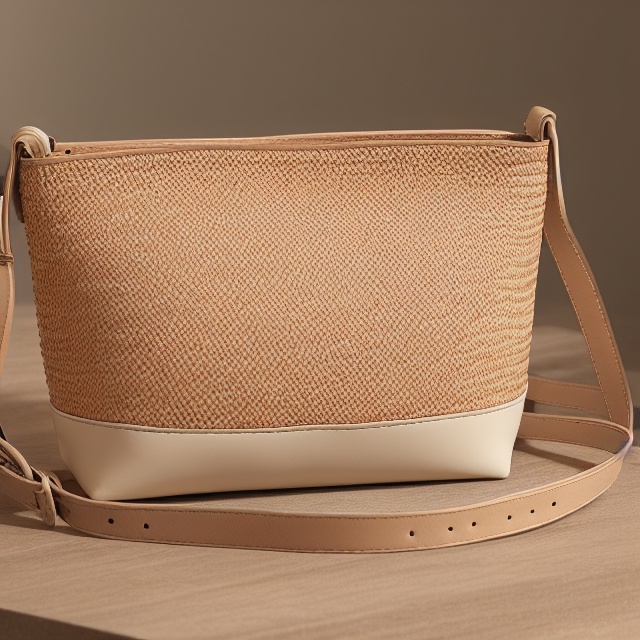 a chic cream-colored bag adorned with lincao and accented by rich brown leather. The bag rests gracefully on a pristine wh...