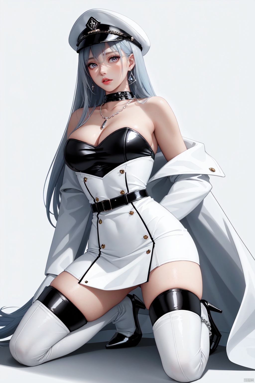Realistic style, cinematic work, 8K wallpaper, masterpiece, very realistic quality, best quality, masterpiece, high-level, high-resolution,,,Edge lighting, dual tone lighting, soft lighting, The illuminated surface of the material has bright spots and highlights, which flicker and have a mirror effect when reflected, There are sparkling spots on the armor,,,1 girl, mature female, solo, full body, looking at viewer, lace, strong rim light, Standard proportion of female body, golden proportion of female body,,,Standing, standing posture, Sexy full body standing posture,,,,(aerhangeersike2, 1girl, white headwear, very long hair, long hair, hair between eyes, blue hair, bangs, absurdly long hair, grey hair,,, breasts, hat, boots, thigh boots, white footwear, thighhighs, large breasts, gloves, black gloves, cleavage, white coat, fur trim, dress, high heels, coat, high heel boots, belt, white dress, military hat, peaked cap, underwear, short dress, fur-trimmed coat, kneeling, white thighhighs, black bra, white jacket, uniform, long sleeves, elbow gloves, thighs,,,:1.2),,bare shoulders, off shoulder, black hairband, bikini bottom only, short dress, swimsuit, pleated dress, bikini, floating hair, blush, ass visible through thighs, skirt,White high-heeled shoes,:1.2),,,colorful,(detailed skin: 1.3), (detailed face: 1.3),clear focus,delicate,(mature women: 1.2),(glossy skin+glossy skin: 1.4),(sweating: 1.1),(big_eyes),red_ eyeshadow,long_ Eyelashes, red lips,,,simple background, grey background,,,(Diamond hair accessories, diamond necklaces, diamond earrings, diamond earrings, clothes embedded with diamonds, armor embedded with diamonds,:1.3)<lora:EMS-31****-EMS:0.260000>