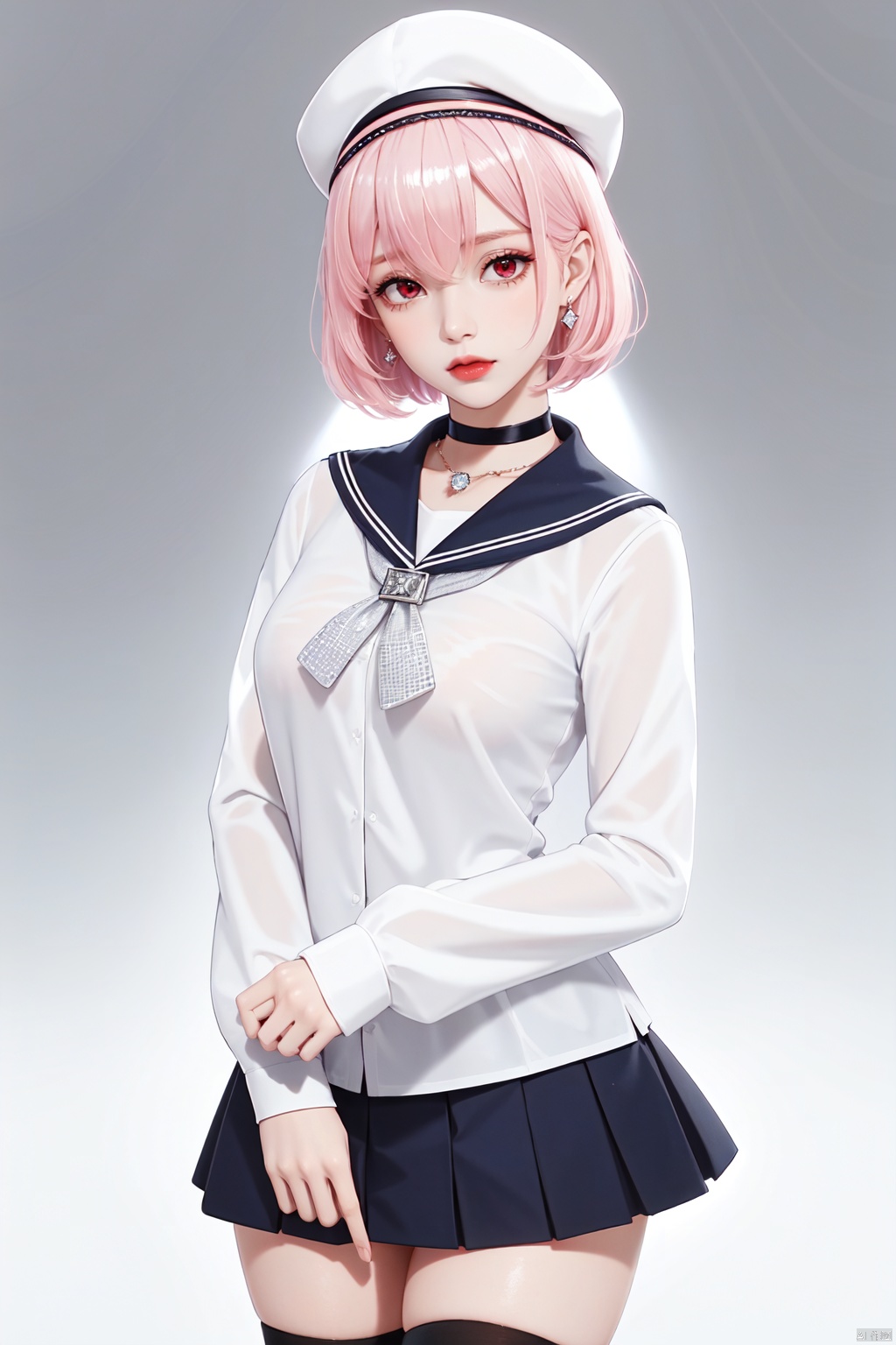 Realistic style, cinematic work, 8K wallpaper, masterpiece, very realistic quality, best quality, masterpiece, high-level, high-resolution,,,Edge lighting, dual tone lighting, soft lighting, The illuminated surface of the material has bright spots and highlights, which flicker and have a mirror effect when reflected, There are sparkling spots on the armor,,,1 girl, mature female, solo, full body, looking at viewer, lace, strong rim light, Standard proportion of female body, golden proportion of female body,,,Standing, standing posture, Sexy full body standing posture,,,,(aierwen2, 1girl, red eyes, pink hair, bangs, short hair, white headwear, medium hair, hairband, tilted headwear,,,thighhighs, skirt, hat, white thighhighs, blue skirt, sailor collar, long sleeves, choker, shirt, sailor hat, white shirt,:1.2),,,colorful,(detailed skin: 1.3）, （detailed face: 1.3),clear focus,delicate,(mature women: 1.2),(glossy skin+glossy skin: 1.4),(sweating: 1.1),(big_eyes),red_ eyeshadow,long_ Eyelashes, red lips,,,simple background, grey background,,,(Diamond hair accessories, diamond necklaces, diamond earrings, diamond earrings, clothes embedded with diamonds, armor embedded with diamonds,:1.3),, , aerhangeersike, daiduo, chuyun, aerfuleiduo, genaisennao1,genaisennao2, aheye, aierwen<lora:EMS-318966-EMS:0.350000>