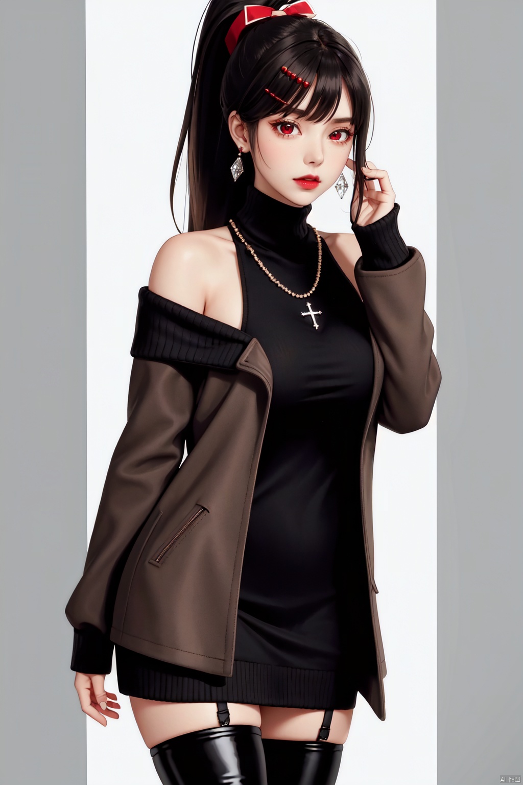 Realistic style, cinematic work, 8K wallpaper, masterpiece, very realistic quality, best quality, masterpiece, high-level, high-resolution,,,Edge lighting, dual tone lighting, soft lighting, The illuminated surface of the material has bright spots and highlights, which flicker and have a mirror effect when reflected, There are sparkling spots on the armor,,,1 girl, mature female, solo, full body, looking at viewer, lace, strong rim light, Standard proportion of female body, golden proportion of female body,,,Standing, standing posture, Sexy full body standing posture,,,,(aheye3, 1girl, long hair, red eyes, black hair, very long hair, hair ornament, ponytail, ahoge, hair ribbon, hairclip, bangs,,, boots, pantyhose, breasts, open clothes, sweater dress, sweater, high heel boots, long sleeves, dress, high heels, crepe, open coat, coat, red ribbon, brown footwear, brown coat, ribbon, alternate costume, turtleneck, aran sweater, large breasts, cable knit, black pantyhose, white dress, turtleneck sweater, cross-laced footwear, lace-up boots, casual, ribbed sweater, off shoulder, open jacket, medium breasts, white sweater, jacket, bare shoulders,:1.2),,,colorful,(detailed skin: 1.3）, （detailed face: 1.3),clear focus,delicate,(mature women: 1.2),(glossy skin+glossy skin: 1.4),(sweating: 1.1),(big_eyes),red_ eyeshadow,long_ Eyelashes, red lips,,,simple background, grey background,,,(Diamond hair accessories, diamond necklaces, diamond earrings, diamond earrings, clothes embedded with diamonds, armor embedded with diamonds,:1.3),, , aerhangeersike, daiduo, chuyun, aerfuleiduo, genaisennao1,genaisennao2, aheye<lora:EMS-318965-EMS:0.350000>