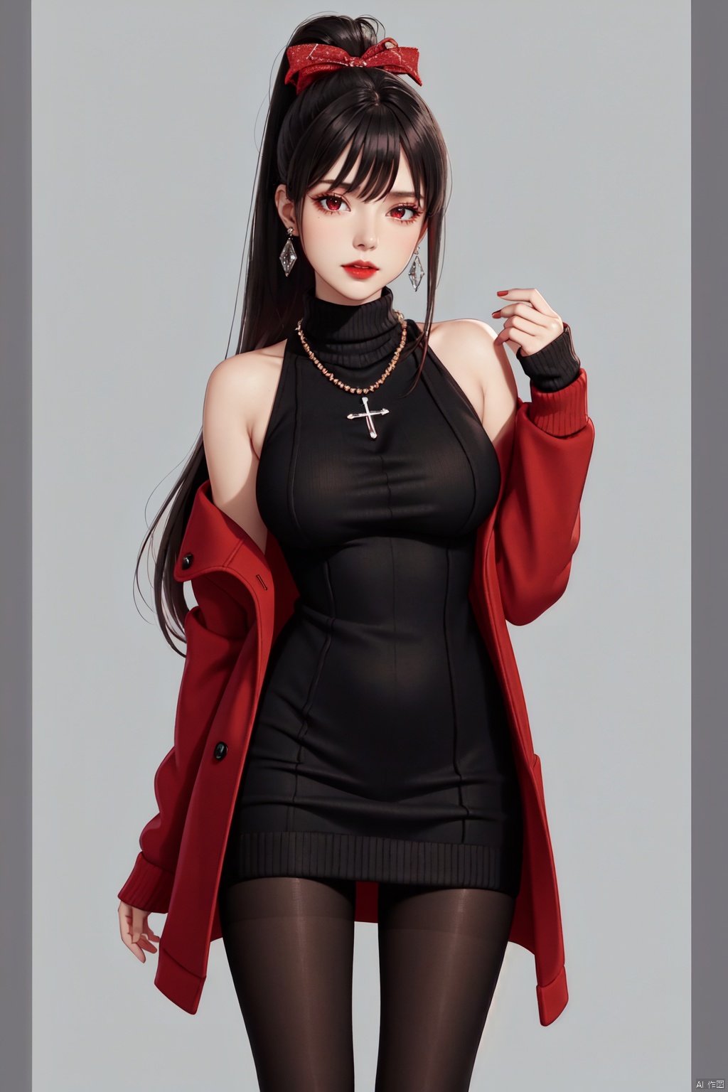 Realistic style, cinematic work, 8K wallpaper, masterpiece, very realistic quality, best quality, masterpiece, high-level, high-resolution,,,Edge lighting, dual tone lighting, soft lighting, The illuminated surface of the material has bright spots and highlights, which flicker and have a mirror effect when reflected, There are sparkling spots on the armor,,,1 girl, mature female, solo, full body, looking at viewer, lace, strong rim light, Standard proportion of female body, golden proportion of female body,,,Standing, standing posture, Sexy full body standing posture,,,,(aheye3, 1girl, long hair, red eyes, black hair, very long hair, hair ornament, ponytail, ahoge, hair ribbon, hairclip, bangs,,, boots, pantyhose, breasts, open clothes, sweater dress, sweater, high heel boots, long sleeves, dress, high heels, crepe, open coat, coat, red ribbon, brown footwear, brown coat, ribbon, alternate costume, turtleneck, aran sweater, large breasts, cable knit, black pantyhose, white dress, turtleneck sweater, cross-laced footwear, lace-up boots, casual, ribbed sweater, off shoulder, open jacket, medium breasts, white sweater, jacket, bare shoulders,:1.2),,,colorful,(detailed skin: 1.3）, （detailed face: 1.3),clear focus,delicate,(mature women: 1.2),(glossy skin+glossy skin: 1.4),(sweating: 1.1),(big_eyes),red_ eyeshadow,long_ Eyelashes, red lips,,,simple background, grey background,,,(Diamond hair accessories, diamond necklaces, diamond earrings, diamond earrings, clothes embedded with diamonds, armor embedded with diamonds,:1.3),, , aerhangeersike, daiduo, chuyun, aerfuleiduo, genaisennao1,genaisennao2, aheye<lora:EMS-318965-EMS:0.350000>