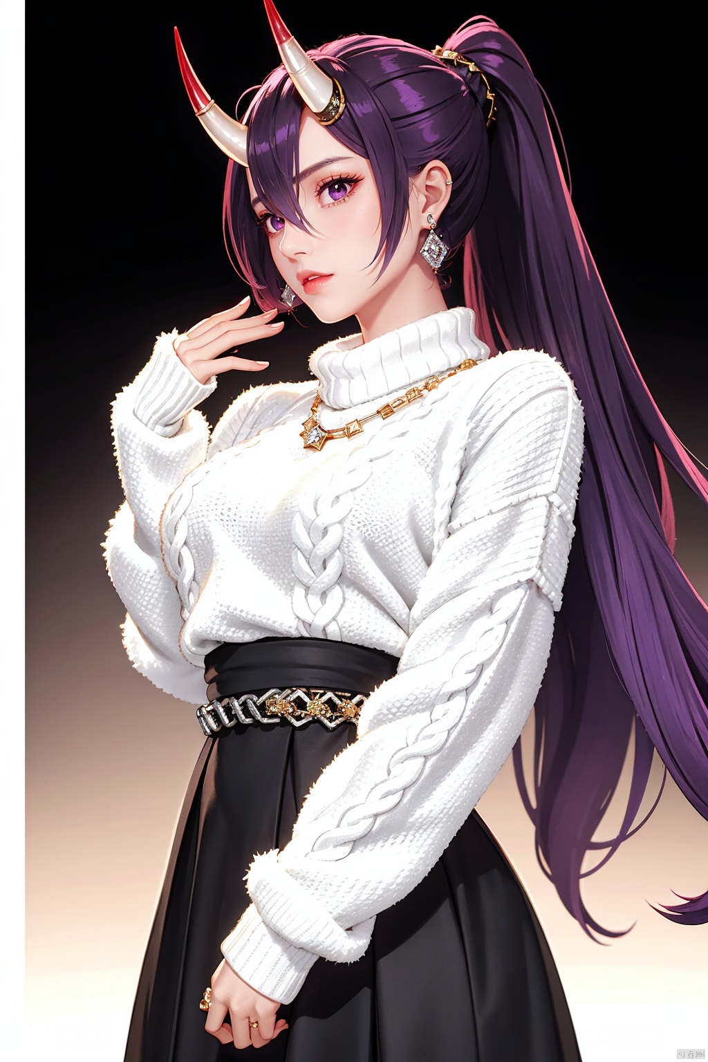 Realistic style, cinematic work, 8K wallpaper, masterpiece, very realistic quality, best quality, masterpiece, high-level, high-resolution,,,Edge lighting, dual tone lighting, soft lighting, The illuminated surface of the material has bright spots and highlights, which flicker and have a mirror effect when reflected, There are sparkling spots on the armor,,,1 girl, mature female, solo, full body, looking at viewer, lace, strong rim light, Standard proportion of female body, golden proportion of female body,,,Standing, standing posture, Sexy full body standing posture,,,,(chuyun, 1girl, horns, oni horns, long hair, purple hair, ponytail, bangs, hair between eyes, red eyes, purple eyes, Rigging, turret, cannon, chain, mech, anchor,,, :1.2),,,(Medium length white fluffy sweater:1.5),colorful,(detailed skin: 1.3）, （detailed face: 1.3),clear focus,delicate,(mature women: 1.2),(glossy skin+glossy skin: 1.4),(sweating: 1.1),(big_eyes),red_ eyeshadow,long_ Eyelashes, red lips,,,simple background, grey background,,,(Diamond hair accessories, diamond necklaces, diamond earrings, diamond earrings, clothes embedded with diamonds, armor embedded with diamonds,:1.3),, , aerhangeersike, daiduo, chuyun, chuyun<lora:EMS-318967-EMS:0.300000>, <lora:EMS-320605-EMS:0.150000>