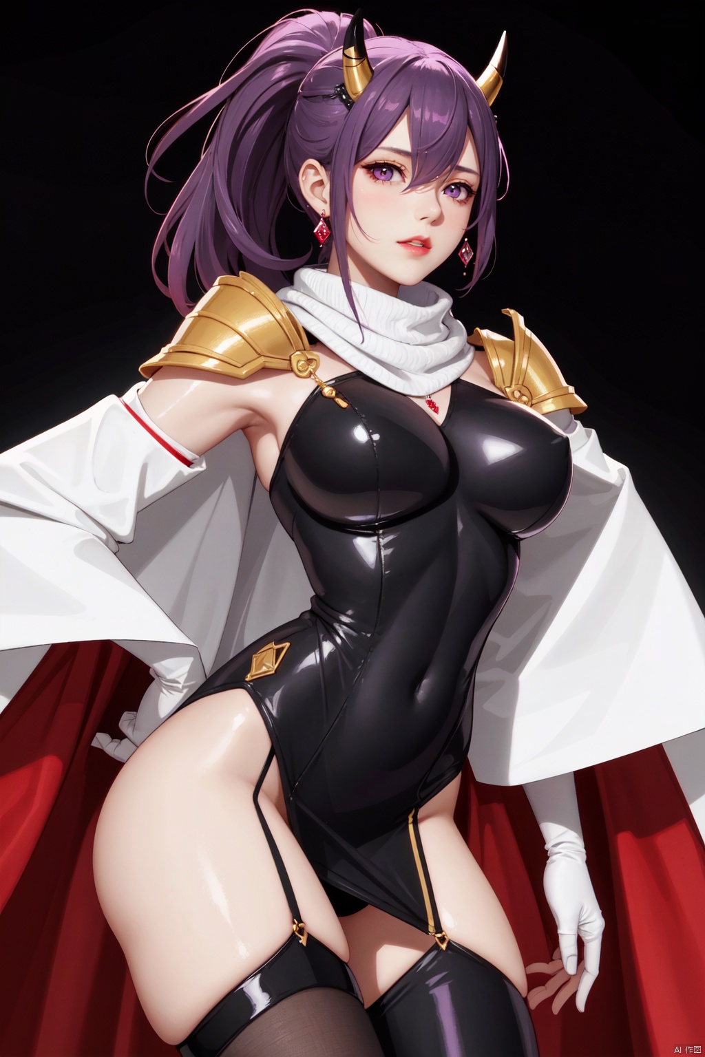 Realistic style, cinematic work, 8K wallpaper, masterpiece, very realistic quality, best quality, masterpiece, high-level, high-resolution,,,Edge lighting, dual tone lighting, soft lighting, The illuminated surface of the material has bright spots and highlights, which flicker and have a mirror effect when reflected, There are sparkling spots on the armor,,,1 girl, mature female, solo, full body, looking at viewer, lace, strong rim light, Standard proportion of female body, golden proportion of female body,,,Standing, standing posture, Sexy full body standing posture,,,,(chuyun1, 1girl, horns, oni horns, long hair, purple hair, ponytail, bangs, hair between eyes, red eyes, purple eyes,,, breasts, large breasts, gloves, thighhighs, armor, black gloves, cape, black thighhighs, scarf, shoulder armor, rudder footwear, sheath, high heels, short dress, bandages, wide sleeves, white scarf, covered navel, garter straps, bodysuit, long sleeves, impossible clothes, japanese armor,:1.2),,,colorful,(detailed skin: 1.3）, （detailed face: 1.3),clear focus,delicate,(mature women: 1.2),(glossy skin+glossy skin: 1.4),(sweating: 1.1),(big_eyes),red_ eyeshadow,long_ Eyelashes, red lips,,,simple background, grey background,,,(Diamond hair accessories, diamond necklaces, diamond earrings, diamond earrings, clothes embedded with diamonds, armor embedded with diamonds,:1.3),, , aerhangeersike, daiduo, chuyun<lora:EMS-318967-EMS:0.200000>