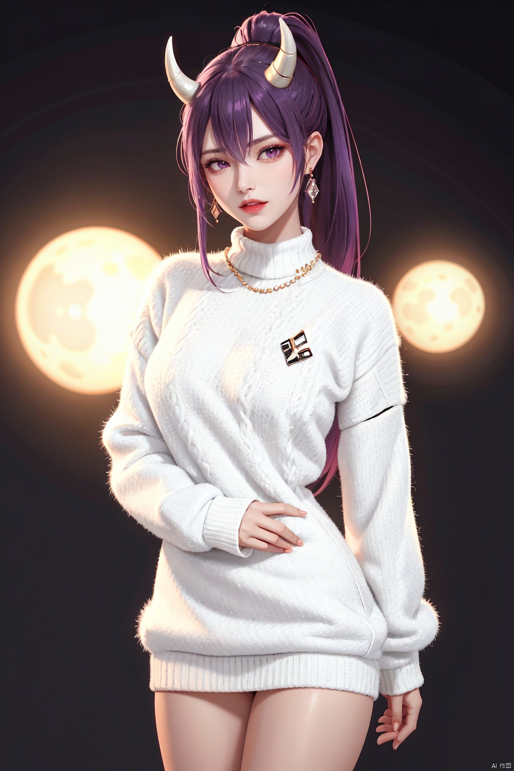 Realistic style, cinematic work, 8K wallpaper, masterpiece, very realistic quality, best quality, masterpiece, high-level, high-resolution,,,Edge lighting, dual tone lighting, soft lighting, The illuminated surface of the material has bright spots and highlights, which flicker and have a mirror effect when reflected, There are sparkling spots on the armor,,,1 girl, mature female, solo, full body, looking at viewer, lace, strong rim light, Standard proportion of female body, golden proportion of female body,,,Standing, standing posture, Sexy full body standing posture,,,,(1girl, horns, oni horns, long hair, purple hair, ponytail, bangs, hair between eyes, red eyes, purple eyes,,, :1.2),,,(Medium length white fluffy sweater:1.5),colorful,(detailed skin: 1.3）, （detailed face: 1.3),clear focus,delicate,(mature women: 1.2),(glossy skin+glossy skin: 1.4),(sweating: 1.1),(big_eyes),red_ eyeshadow,long_ Eyelashes, red lips,,,simple background, grey background,,,(Diamond hair accessories, diamond necklaces, diamond earrings, diamond earrings, clothes embedded with diamonds, armor embedded with diamonds,:1.3),, , aerhangeersike, daiduo, chuyun, chuyun<lora:EMS-318967-EMS:0.300000>