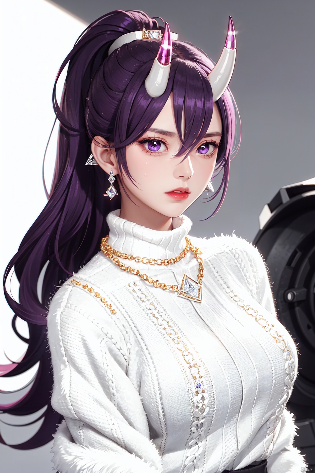 Realistic style, cinematic work, 8K wallpaper, masterpiece, very realistic quality, best quality, masterpiece, high-level, high-resolution,,,Edge lighting, dual tone lighting, soft lighting, The illuminated surface of the material has bright spots and highlights, which flicker and have a mirror effect when reflected, There are sparkling spots on the armor,,,1 girl, mature female, solo, full body, looking at viewer, lace, strong rim light, Standard proportion of female body, golden proportion of female body,,,Standing, standing posture, Sexy full body standing posture,,,,(chuyun, 1girl, horns, oni horns, long hair, purple hair, ponytail, bangs, hair between eyes, red eyes, purple eyes, Rigging, turret, cannon, chain, mech, anchor,,, :1.2),,,(Medium length white fluffy sweater:1.5),colorful,(detailed skin: 1.3）, （detailed face: 1.3),clear focus,delicate,(mature women: 1.2),(glossy skin+glossy skin: 1.4),(sweating: 1.1),(big_eyes),red_ eyeshadow,long_ Eyelashes, red lips,,,simple background, grey background,,,(Diamond hair accessories, diamond necklaces, diamond earrings, diamond earrings, clothes embedded with diamonds, armor embedded with diamonds,:1.3),, , aerhangeersike, daiduo, chuyun, chuyun<lora:EMS-318967-EMS:0.300000>, <lora:EMS-320605-EMS:0.150000>