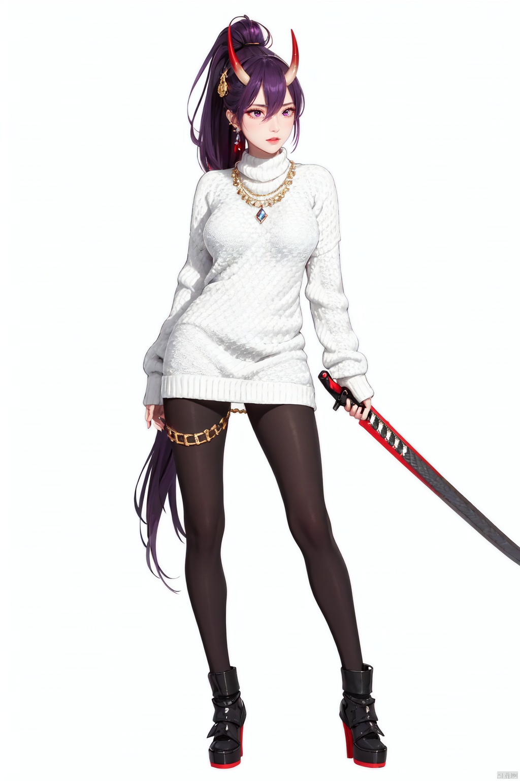 Realistic style, cinematic work, 8K wallpaper, masterpiece, very realistic quality, best quality, masterpiece, high-level, high-resolution,,,Edge lighting, dual tone lighting, soft lighting, The illuminated surface of the material has bright spots and highlights, which flicker and have a mirror effect when reflected, There are sparkling spots on the armor,,,1 girl, mature female, solo, (full body:1.5), looking at viewer, lace, strong rim light, Standard proportion of female body, golden proportion of female body,,,Standing, standing posture, Sexy full body standing posture,,,,(chuyun, 1girl, horns, oni horns, long hair, purple hair, ponytail, bangs, hair between eyes, red eyes, purple eyes, (weapon, sword, katana, turret, rigging, cannon, machinery),:1.2),,,(Medium length white fluffy sweater:1.5),colorful,(detailed skin: 1.3）, （detailed face: 1.3),clear focus,delicate,(mature women: 1.2),(glossy skin+glossy skin: 1.4),(sweating: 1.1),(big_eyes),red_ eyeshadow,long_ Eyelashes, red lips,,,simple background, grey background,,,(Diamond hair accessories, diamond necklaces, diamond earrings, diamond earrings, clothes embedded with diamonds, armor embedded with diamonds,:1.3),, , aerhangeersike, daiduo, chuyun, chuyun<lora:EMS-318967-EMS:0.350000>, <lora:EMS-320605-EMS:0.200000>