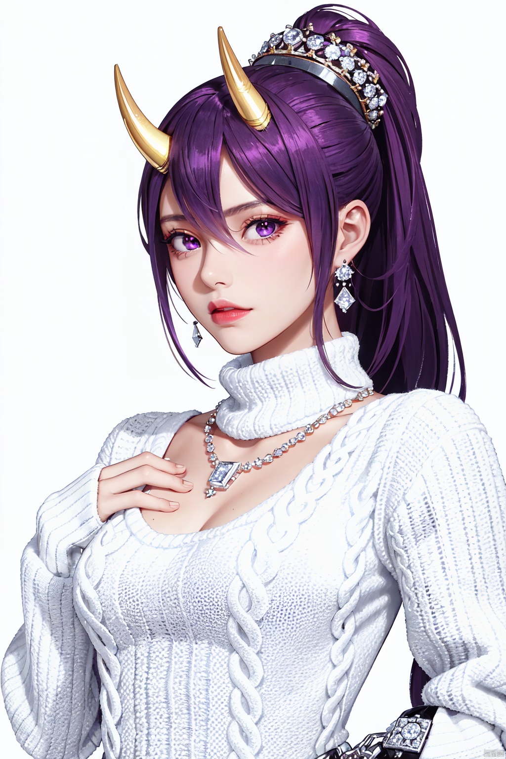 Realistic style, cinematic work, 8K wallpaper, masterpiece, very realistic quality, best quality, masterpiece, high-level, high-resolution,,,Edge lighting, dual tone lighting, soft lighting, The illuminated surface of the material has bright spots and highlights, which flicker and have a mirror effect when reflected, There are sparkling spots on the armor,,,1 girl, mature female, solo, full body, looking at viewer, lace, strong rim light, Standard proportion of female body, golden proportion of female body,,,Standing, standing posture, Sexy full body standing posture,,,,(chuyun, 1girl, horns, oni horns, long hair, purple hair, ponytail, bangs, hair between eyes, red eyes, purple eyes, Rigging, turret, cannon, chain, mech, anchor,,, :1.2),,,(Medium length white fluffy sweater:1.5),colorful,(detailed skin: 1.3）, （detailed face: 1.3),clear focus,delicate,(mature women: 1.2),(glossy skin+glossy skin: 1.4),(sweating: 1.1),(big_eyes),red_ eyeshadow,long_ Eyelashes, red lips,,,simple background, grey background,,,(Diamond hair accessories, diamond necklaces, diamond earrings, diamond earrings, clothes embedded with diamonds, armor embedded with diamonds,:1.3),, , aerhangeersike, daiduo, chuyun, chuyun<lora:EMS-318967-EMS:0.300000>, <lora:EMS-320605-EMS:0.150000>