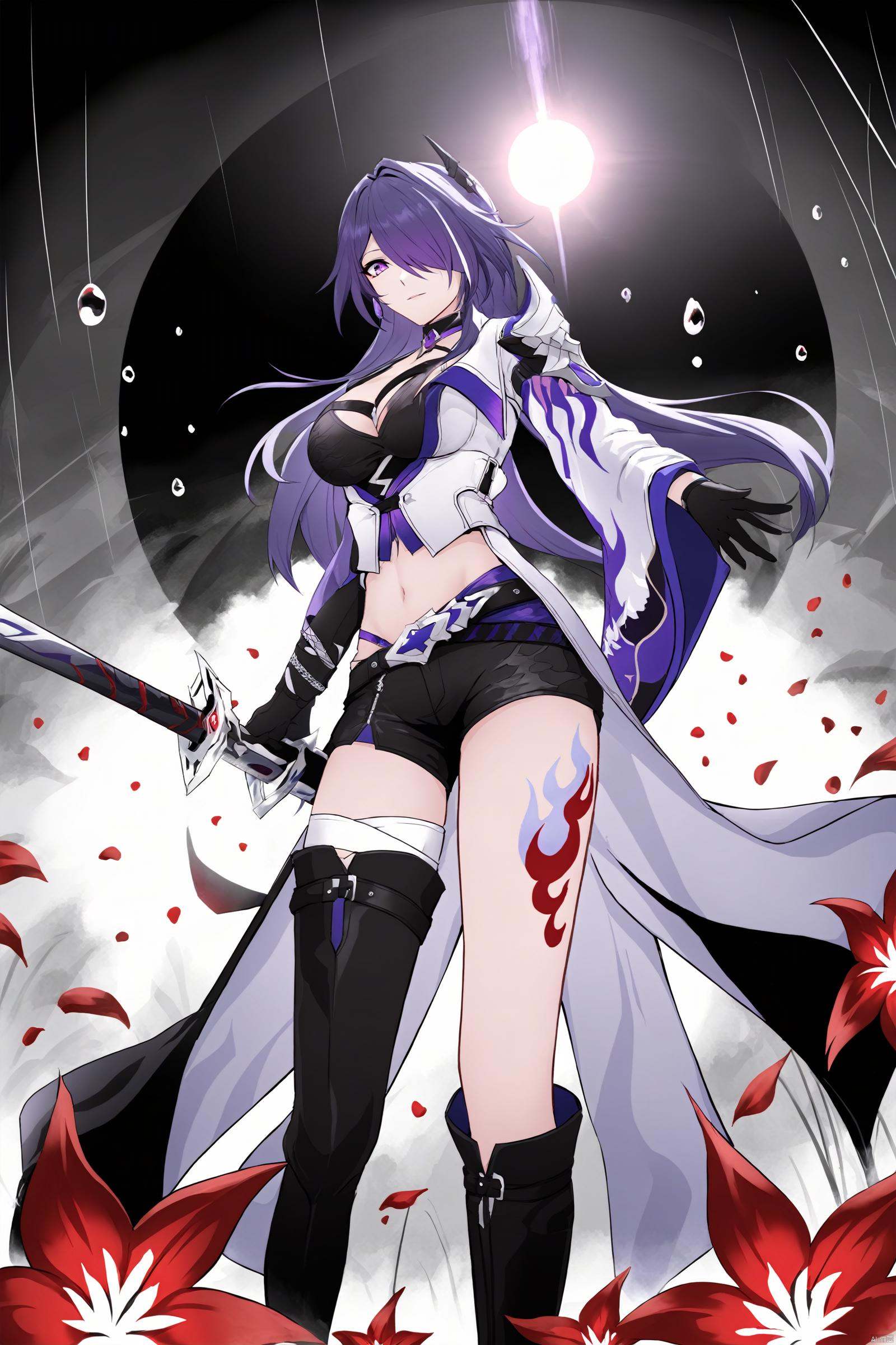 ((best quality)),((masterpiece)),((ultra-detailed)),(illustration),(detailed light),(an extremely delicate and beautiful),Cinematic footage,Epic graphics,\\\\\\\\\\1girl ,fighting,Fighting girl,weapon, battoujutsu stance,detailed eyes, holding taichi, flying blood droplets, but all, dim background, Equinox flower, Equinox flower field, black and white environment, red flowers,\\\\\\\////////////////////////// hquan,def clothe,1girl,long hair,purple eyes,shorts,purple hair,hair over one eye,breasts,boots,black gloves,cleavage,raiden mei,navel,tattoo<lora:EMS-318743-EMS:0.800000>