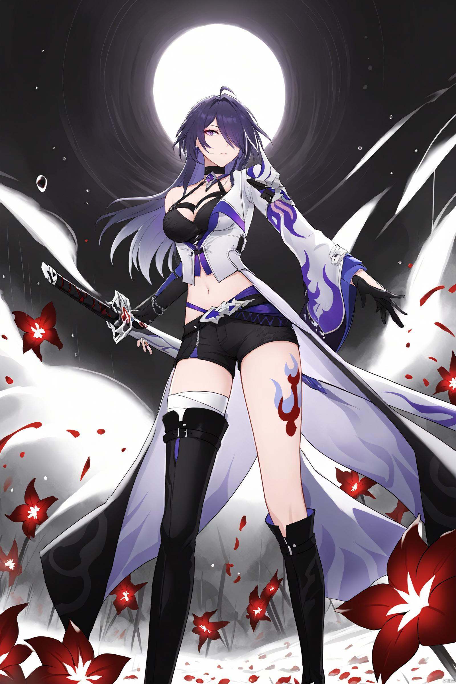 ((best quality)),((masterpiece)),((ultra-detailed)),(illustration),(detailed light),(an extremely delicate and beautiful),Cinematic footage,Epic graphics,\\\\\\\\\\1girl ,fighting,Fighting girl,weapon, battoujutsu stance,detailed eyes, holding taichi, flying blood droplets, but all, dim background, Equinox flower, Equinox flower field, black and white environment, red flowers,\\\\\\\////////////////////////// hquan,def clothe,1girl,long hair,purple eyes,shorts,purple hair,hair over one eye,breasts,boots,black gloves,cleavage,raiden mei,navel,tattoo<lora:EMS-318743-EMS:0.800000>
