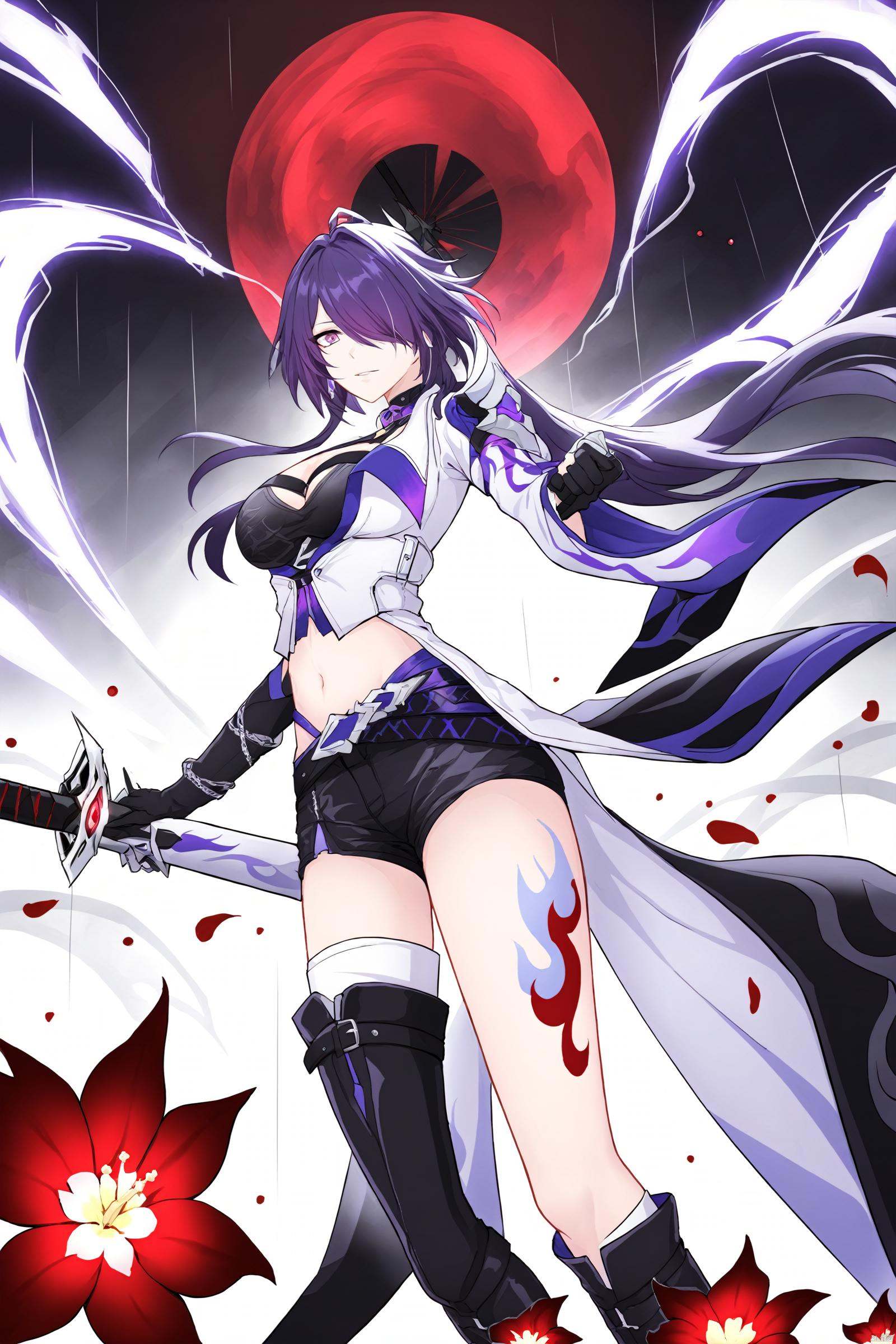 ((best quality)),((masterpiece)),((ultra-detailed)),(illustration),(detailed light),(an extremely delicate and beautiful),Cinematic footage,Epic graphics,\\\\\\\\\\1girl ,fighting,Fighting girl,weapon, battoujutsu stance,detailed eyes, holding taichi, flying blood droplets, but all, dim background, Equinox flower, Equinox flower field, black and white environment, red flowers,\\\\\\\////////////////////////// hquan,def clothe,1girl,long hair,purple eyes,shorts,purple hair,hair over one eye,breasts,boots,black gloves,cleavage,raiden mei,navel,tattoo<lora:EMS-318743-EMS:0.800000>