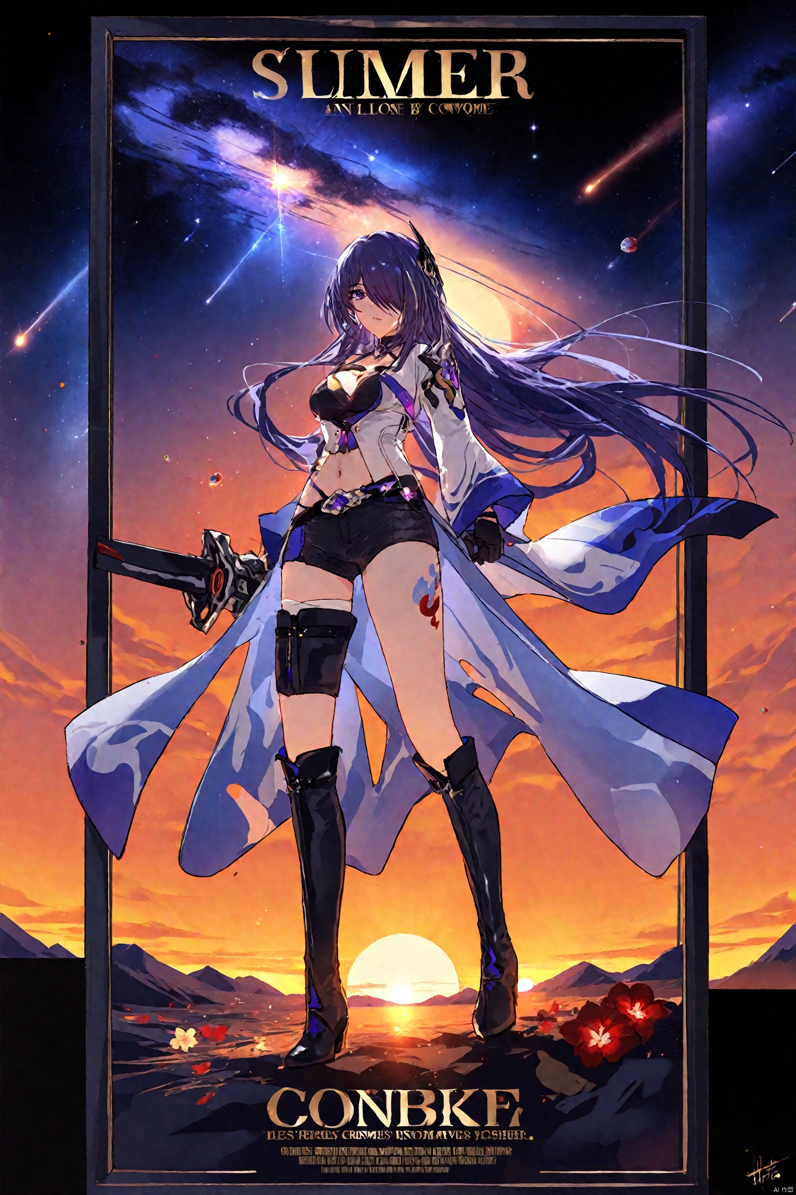 ((best quality)),((masterpiece)),((ultra-detailed)),(illustration),(detailed light),(an extremely delicate and beautiful),\\\\\\\\\\1girl ,fighting,Fighting girl, detailed eyes, holding taichi, flying drops of blood, but all, dim background, Equinox flower, Equinox flower field,\\\\\\\((trim)), incredibly_absurdres,(ray tracing),((lens 135mm,f1.8)),(summer),((sunset)), ((Movie Poster)),(signature),(English text:1.2),(Galaxy),(((border))),((frame):1.15), masterpiece,best quality,highres,////////////////////////// hquan,def clothe,1girl,long hair,purple eyes,shorts,purple hair,hair over one eye,breasts,boots,black gloves,cleavage,raiden mei,navel,tattoo<lora:EMS-313055-EMS:0.800000>