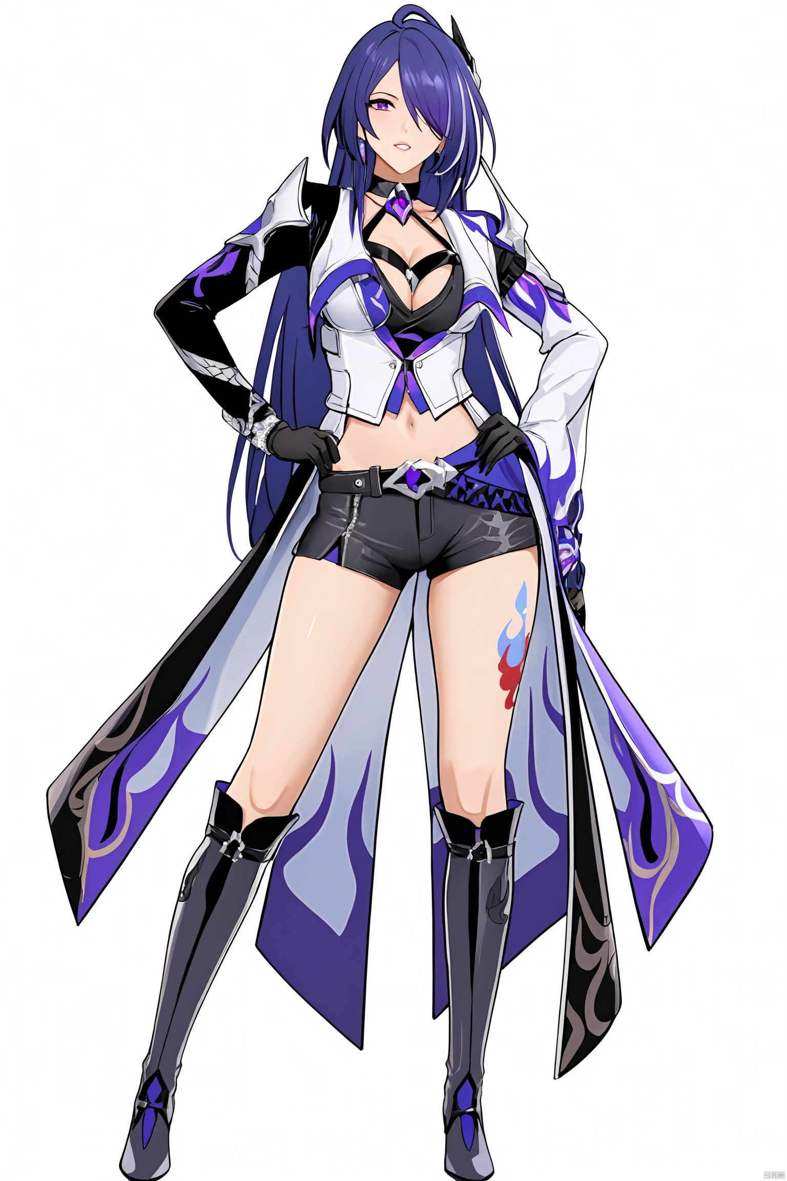  score_9,score_8_up,score_7_up,best quality,masterpiece,source_anime,\\\\\\\\\\\\8k,best quality,masterpiece,(ultra-detailed:1.1),(high detailed skin),
(full body:1.4),white background,standing,looking at viewer,(solo),hand on hip,\\\\\\\\\
\\\\\\\\\\\,
hquan,def clothe,1girl,long hair,purple eyes,shorts,purple hair,hair over one eye,breasts,boots,black gloves,cleavage,raiden mei,navel,tattoo,
\\\\\\\\\\\\\\\\\
(white background, simple background:1.6),
(beautiful_face),((intricate_detail)),clear face,
((finely_detailed)),fine_fabric_emphasis,
((glossy)),full_shot, hquan,purple eyes