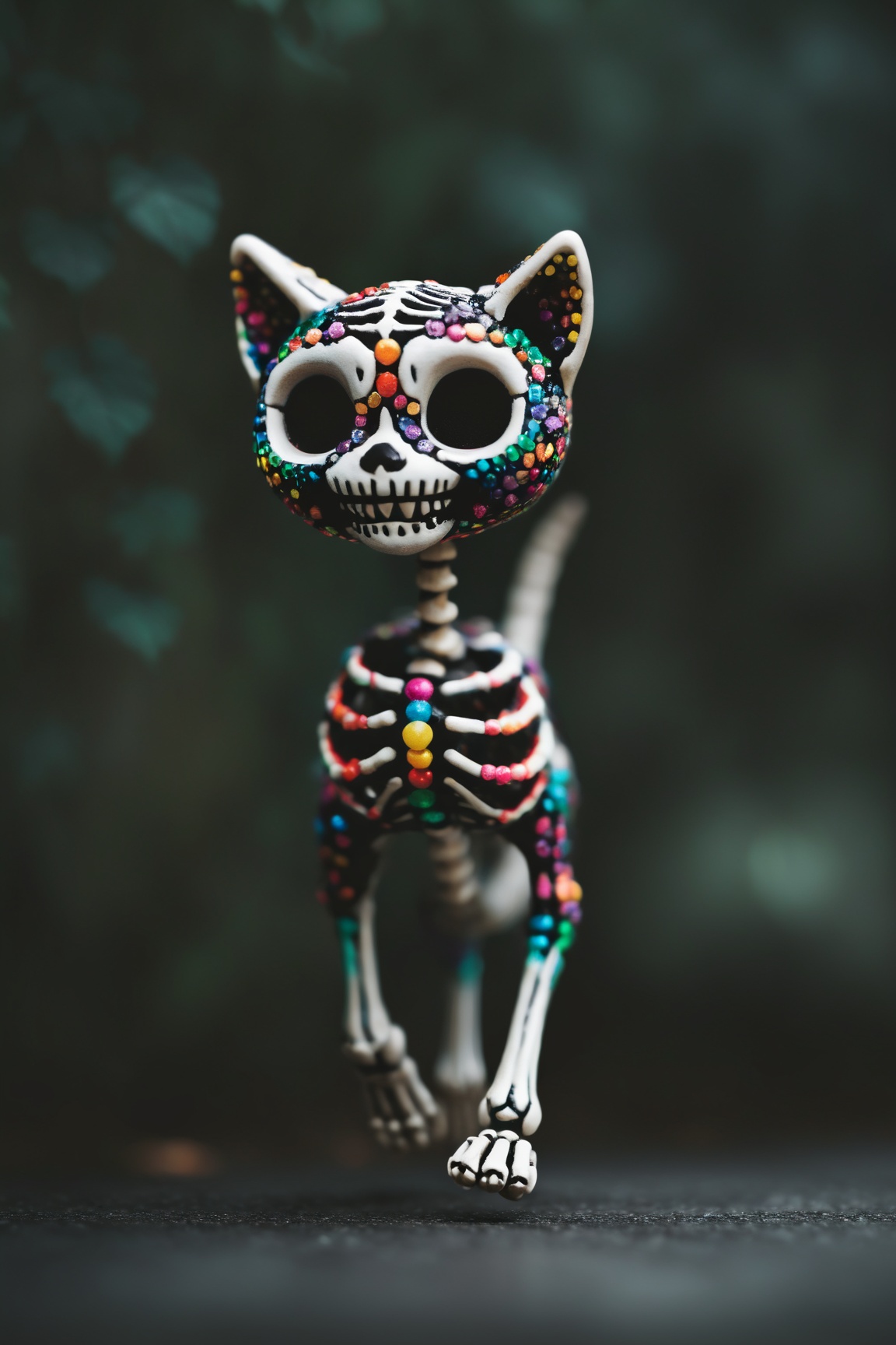 dark moody atmosphere a cute colorful chibi skeleton cat running toward the viewer,  bokeh blur background,  insanely intr...