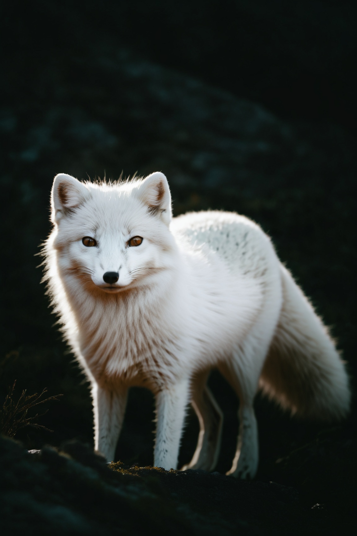 dark moody atmosphere,  medium long shot wildlife photo of a arctic fox in its natural habitat,  evocative lighting on Ten...