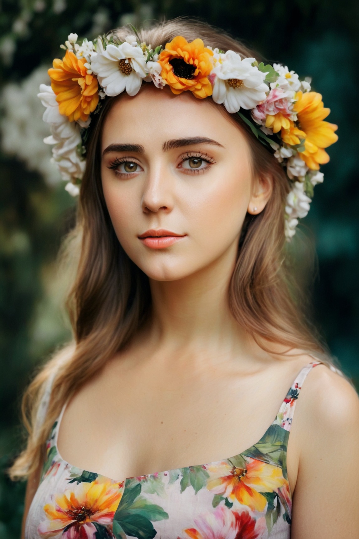 dark moody atmosphere ,  a woman with a flower crown on her head,  beautiful detailed eyes on Tensor.Art