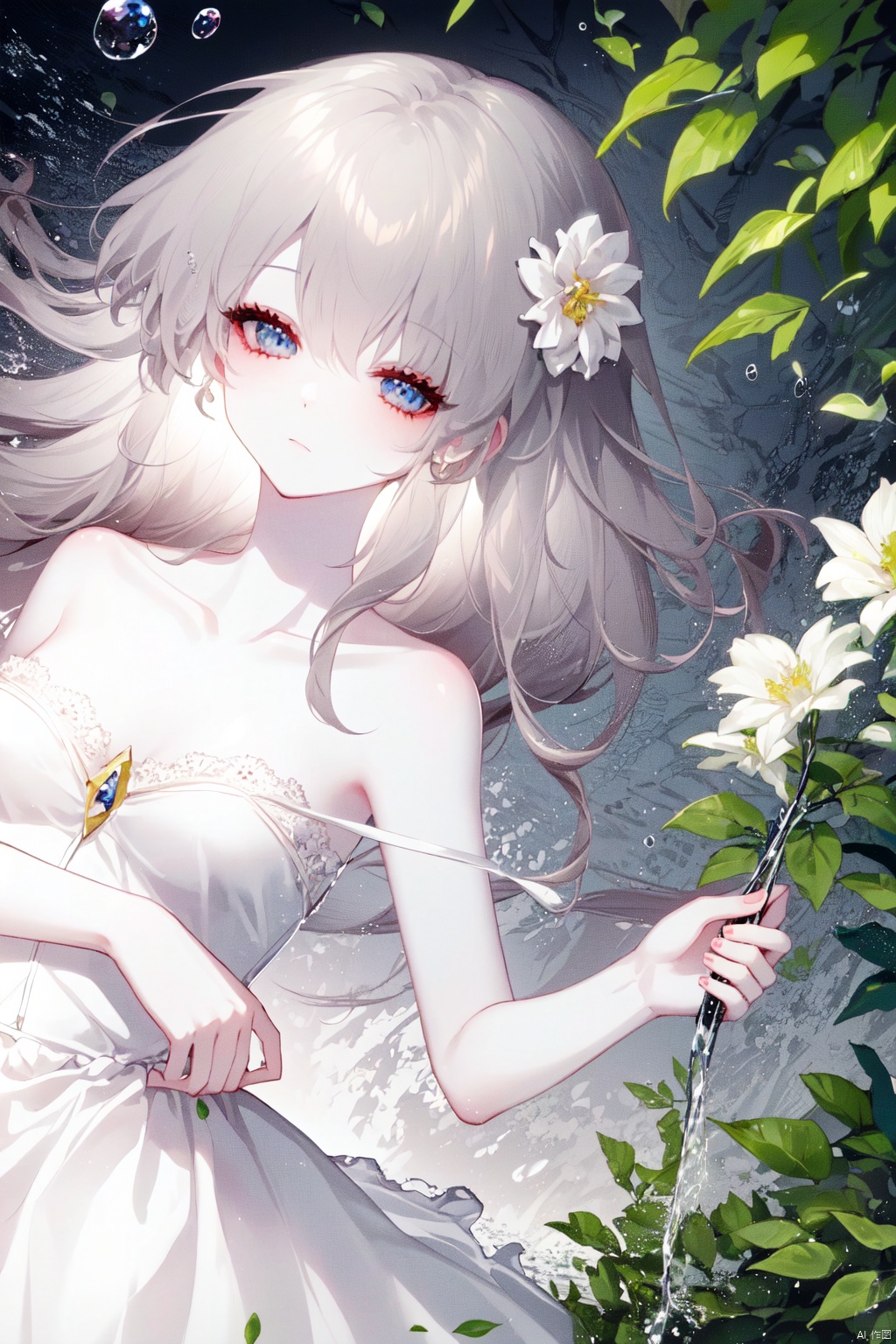 1girl,(low_angle),water spray, leaf,flowers,forest,droplets,sea,droplets, white dress,best quality ,masterpiece, illustration, an extremely delicate and beautiful, extremely detailed ,CG ,unity ,8k wallpaper,GRASS, hair flower, cute,scene depth,bare arms, holding flower, collarbone,
